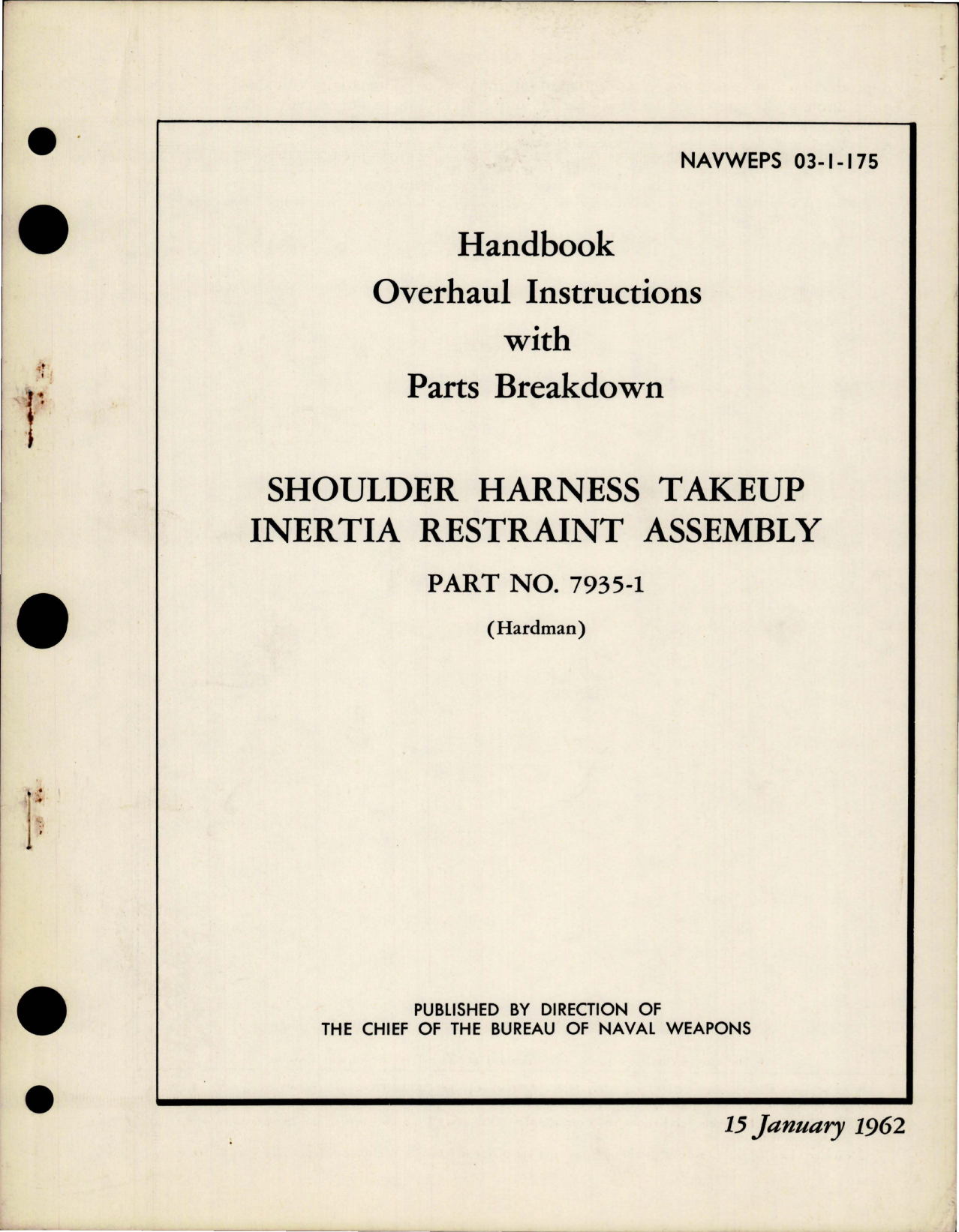 Sample page 1 from AirCorps Library document: Overhaul Instructions with Parts for Shoulder Harness Takeup Inertia Restraint Assembly - Part 7935-1