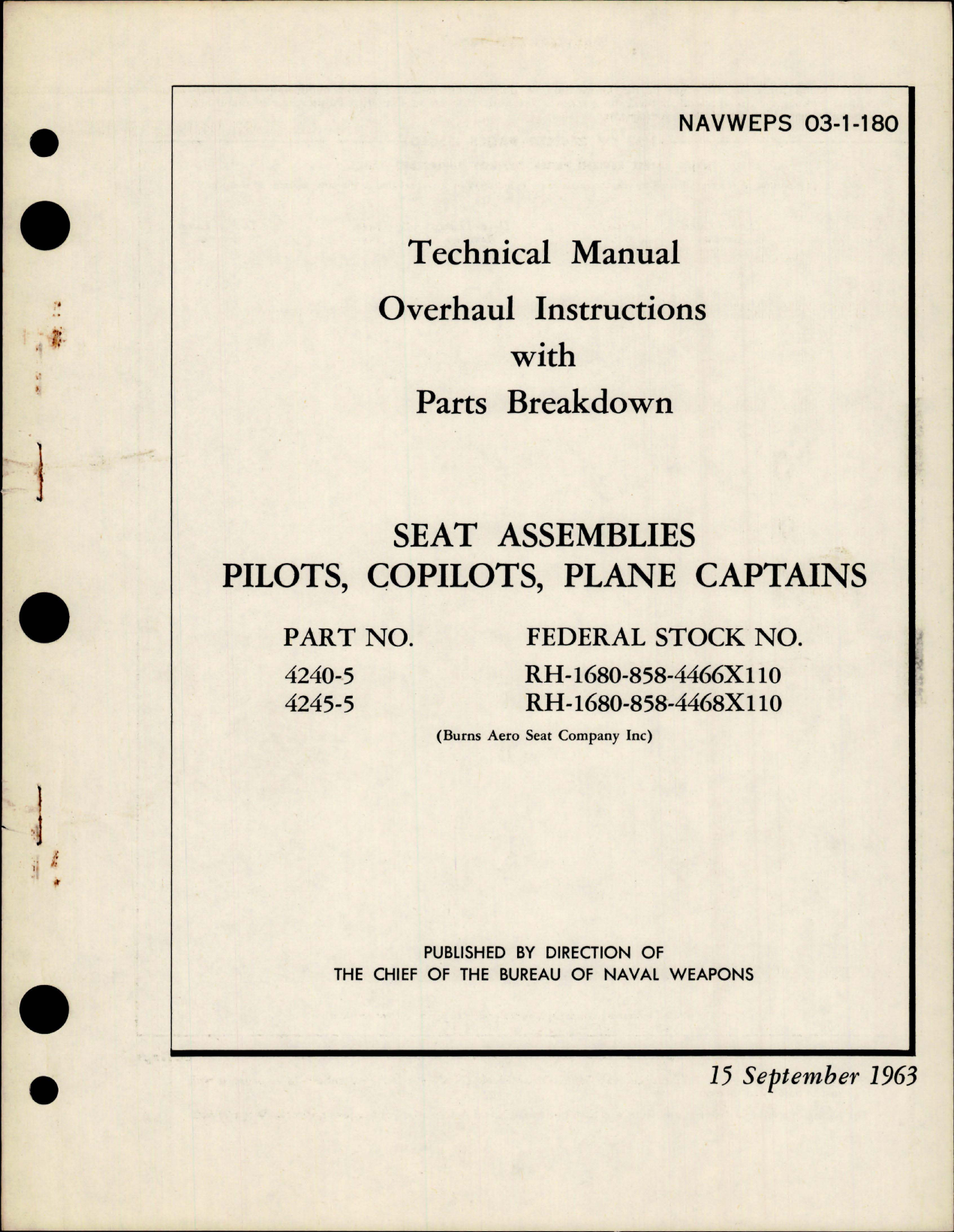 Sample page 1 from AirCorps Library document: Overhaul Instructions with Parts for Pilots, Copilots and Captains Seat Assemblies - Parts 4240-5 and 4245-5 