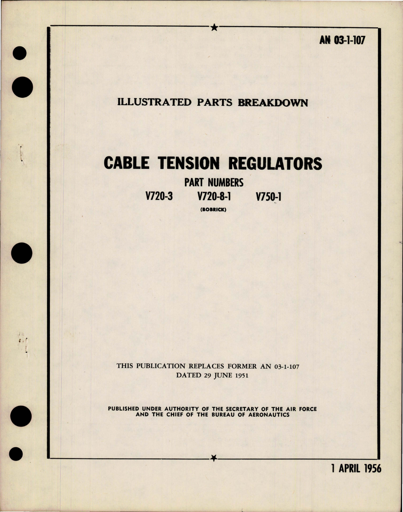 Sample page 1 from AirCorps Library document: Illustrated Parts Breakdown for Cable Tension Regulators - Parts V720-3, V720-8-1 and V750-1