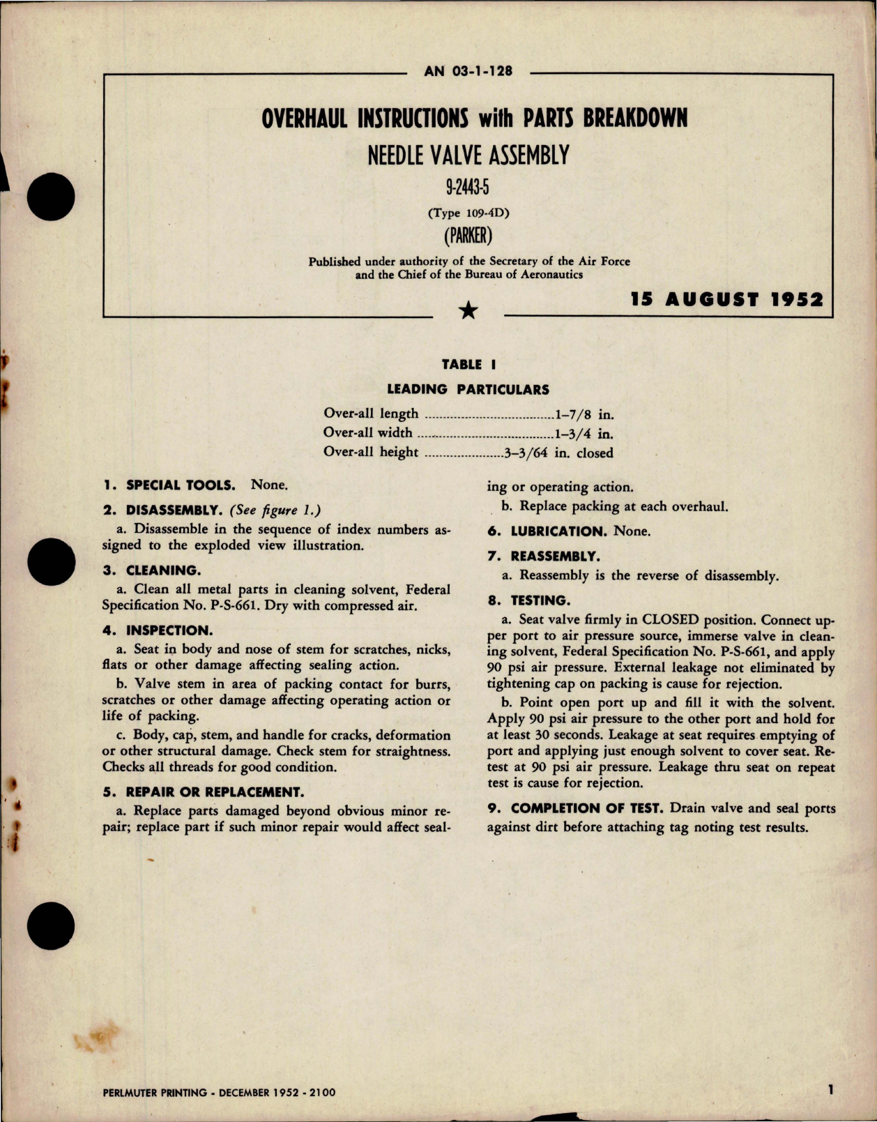 Sample page 1 from AirCorps Library document: Overhaul Instructions with Parts for Needle Valve Assembly - 9-2443-5 - Type 109-4D