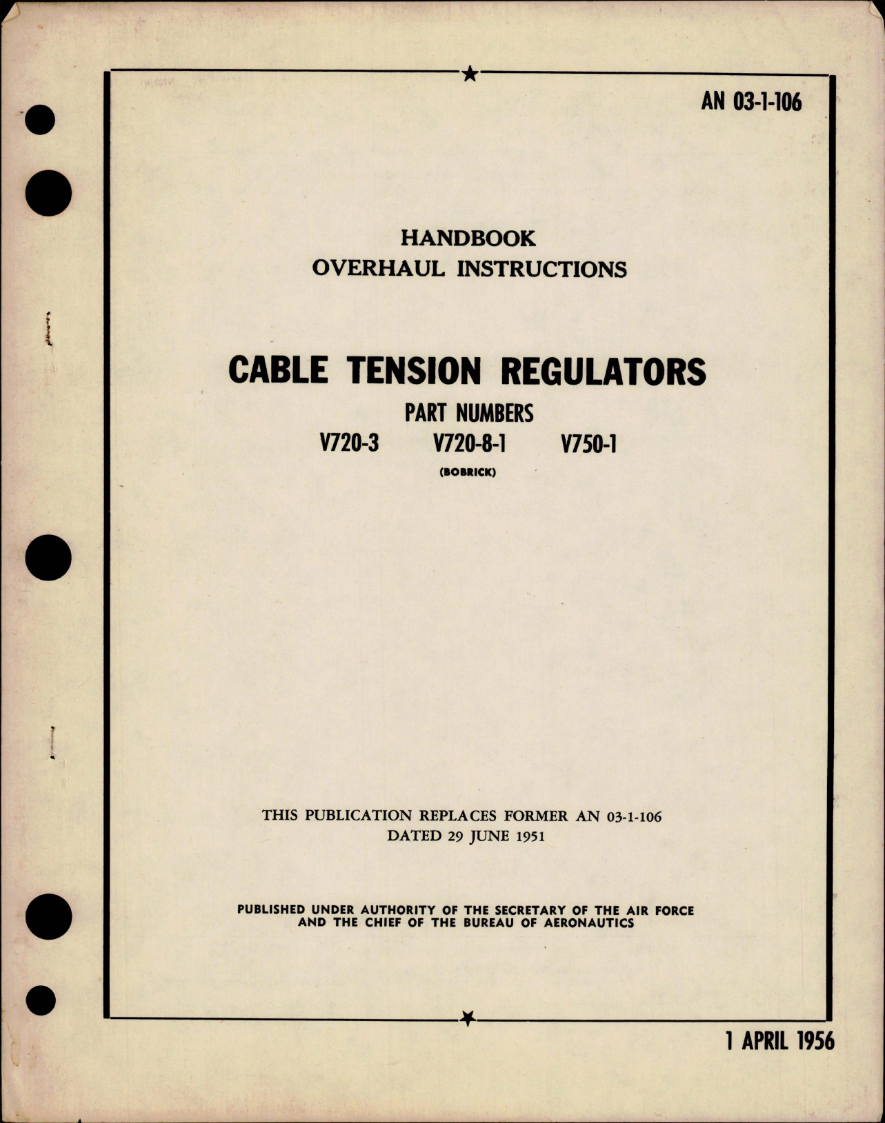 Sample page 1 from AirCorps Library document: Overhaul Instructions for Cable Tension Regulators - Parts V720-3, V720-8-1 and V750-1
