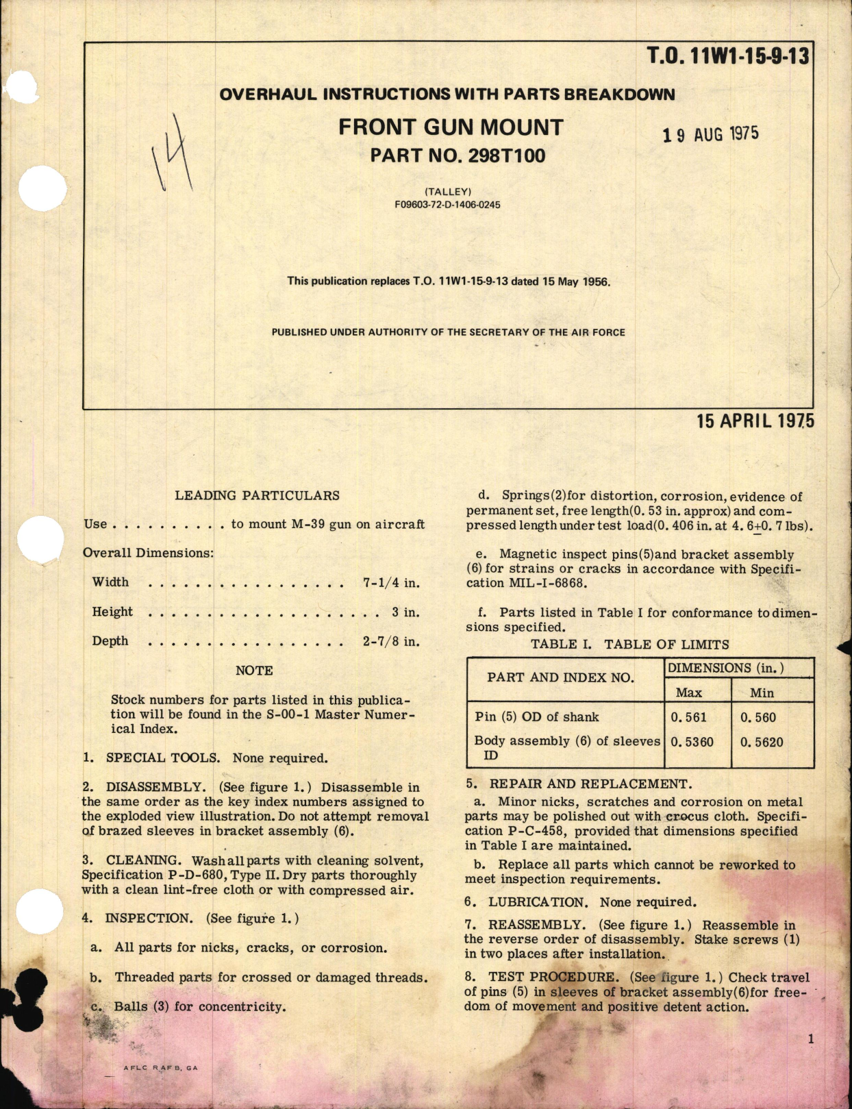 Sample page 1 from AirCorps Library document: Overhaul Instructions with Parts Breakdown for Front Gun Mount Part No. 298T100