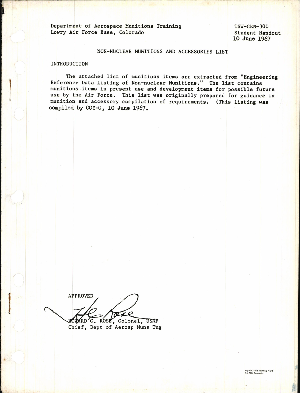 Sample page 1 from AirCorps Library document: Non-Nuclear Munitions and Accessories List