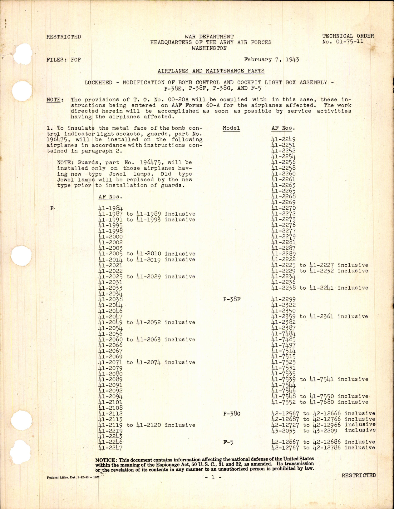 Sample page 1 from AirCorps Library document: Modification of Bomb Control and Cockpit Light Box Assembly for P-38E, P-38F, P-38G, and F-5