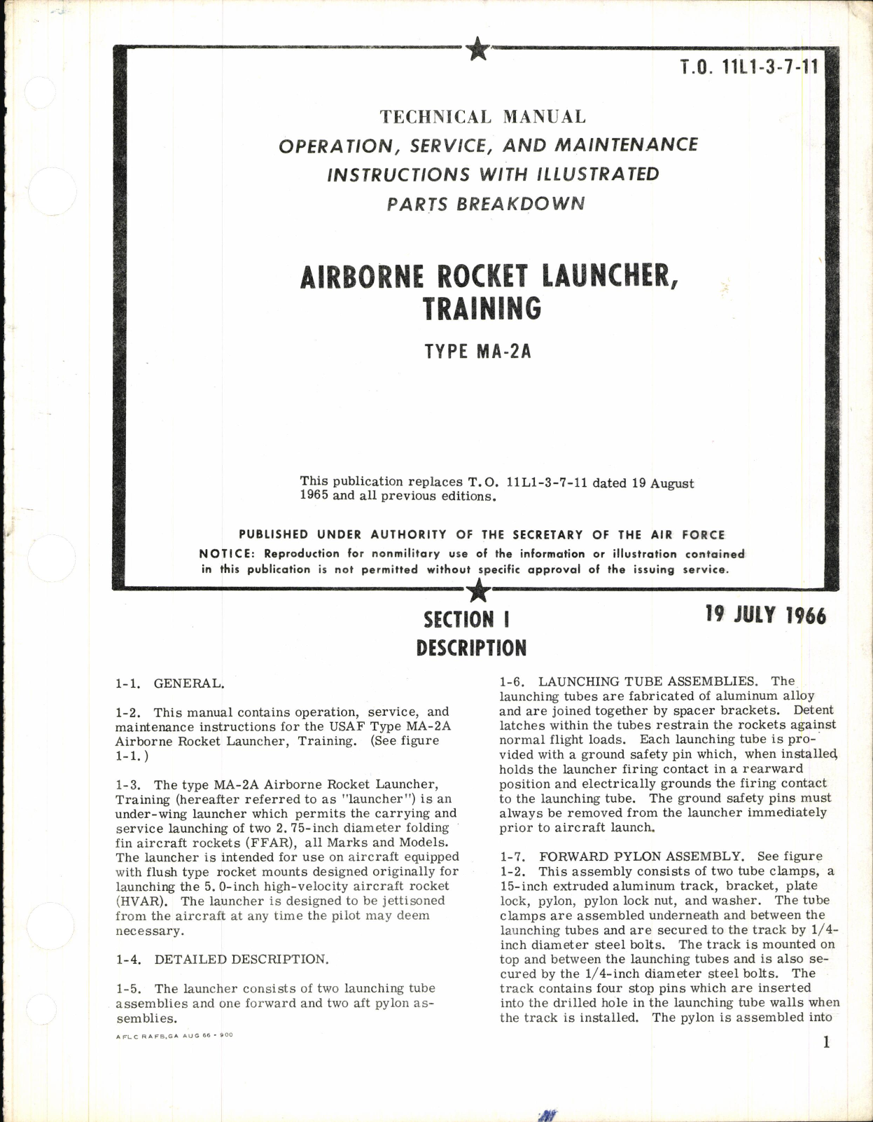 Sample page 1 from AirCorps Library document: Operation, Service, & Maintenance Instructions with Illustrated Parts Breakdown for Airborne Rocket Launcher Training, Type MA-2A