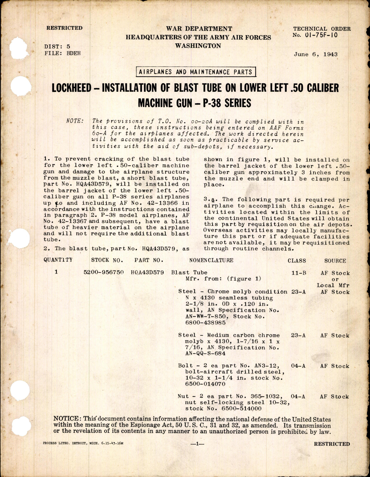 Sample page 1 from AirCorps Library document: Installation of Blast Tube on Lower Left .50 Caliber Machine Gun for P-38 Series