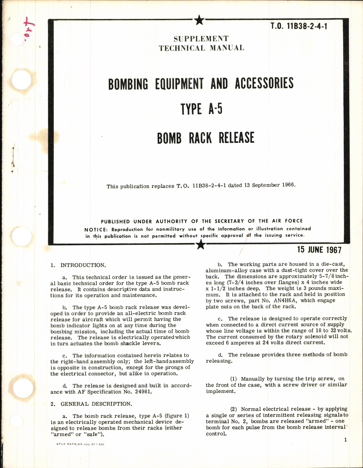 Sample page 1 from AirCorps Library document: Bombing Equipment and Accessories Type A-5 Bomb Rack Release 