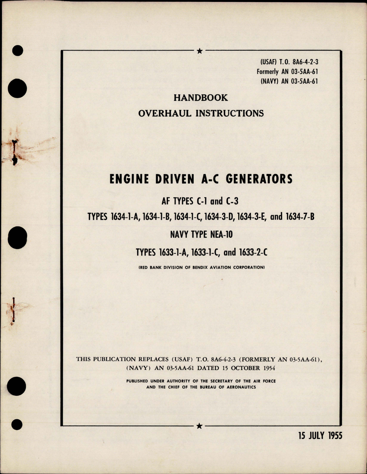 Sample page 1 from AirCorps Library document: Overhaul Instructions for Engine Driven AC Generators AF Types C-1 and C-3, Navy Type NEA-10 