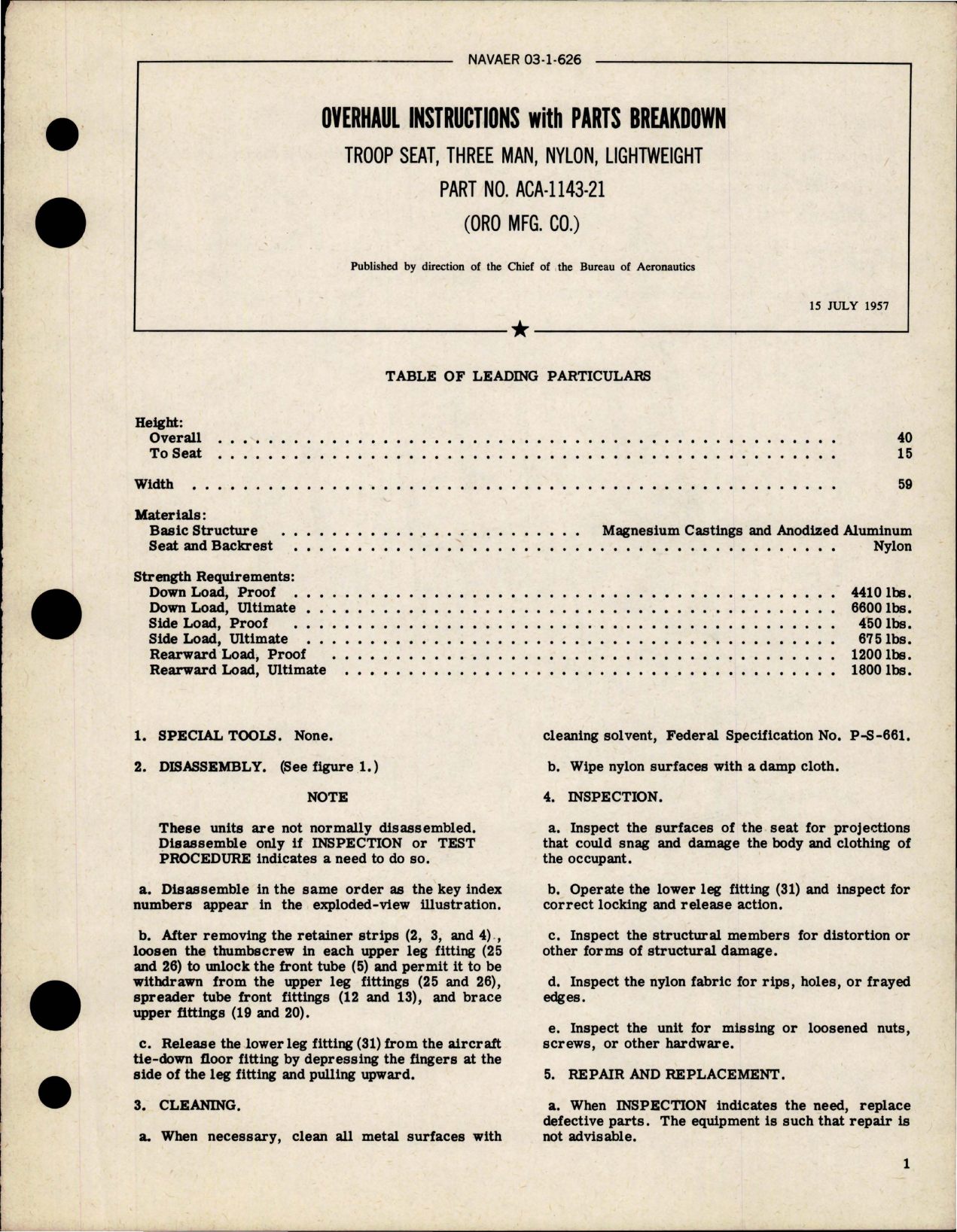 Sample page 1 from AirCorps Library document: Overhaul Instructions with Parts Breakdown for Three Man Lightweight Nylon Troop Seat - Part ACA-1143-21 