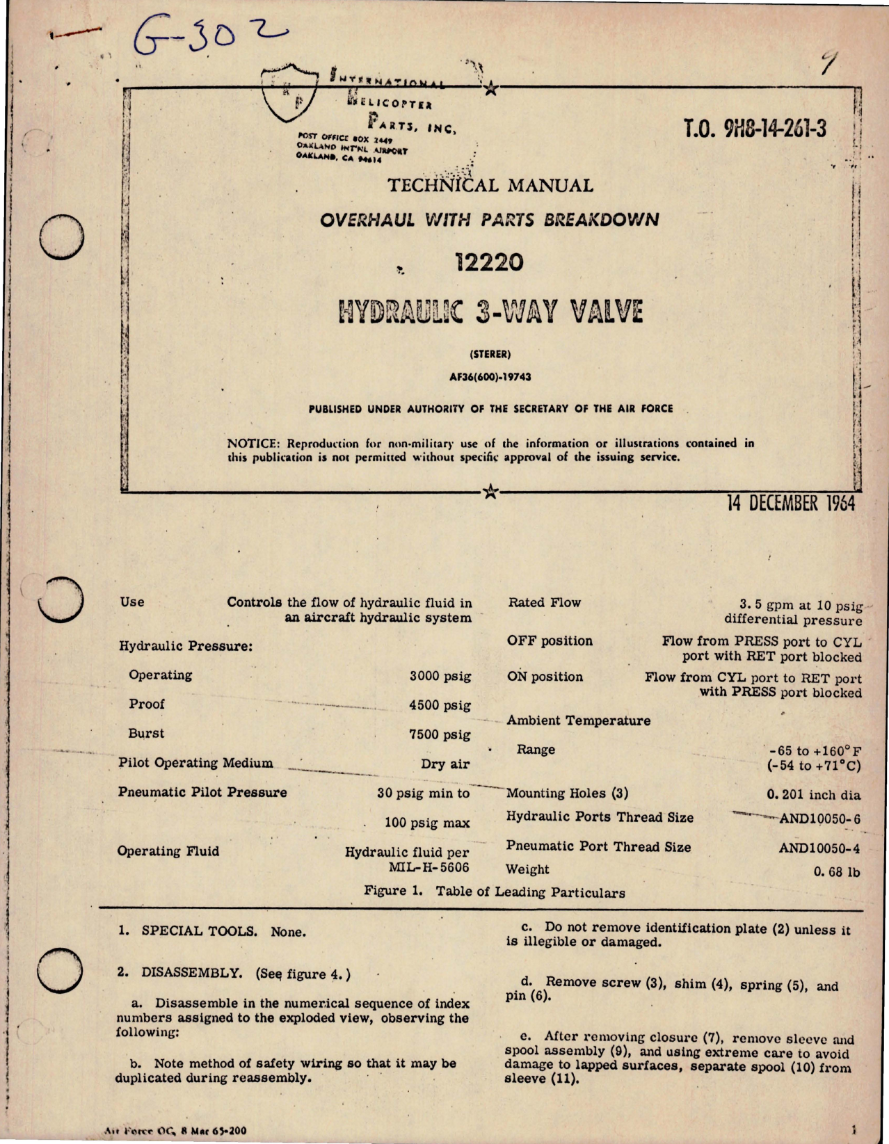 Sample page 1 from AirCorps Library document: Overhaul with Parts Breakdown for Hydraulic 3-Way Valve - 12220