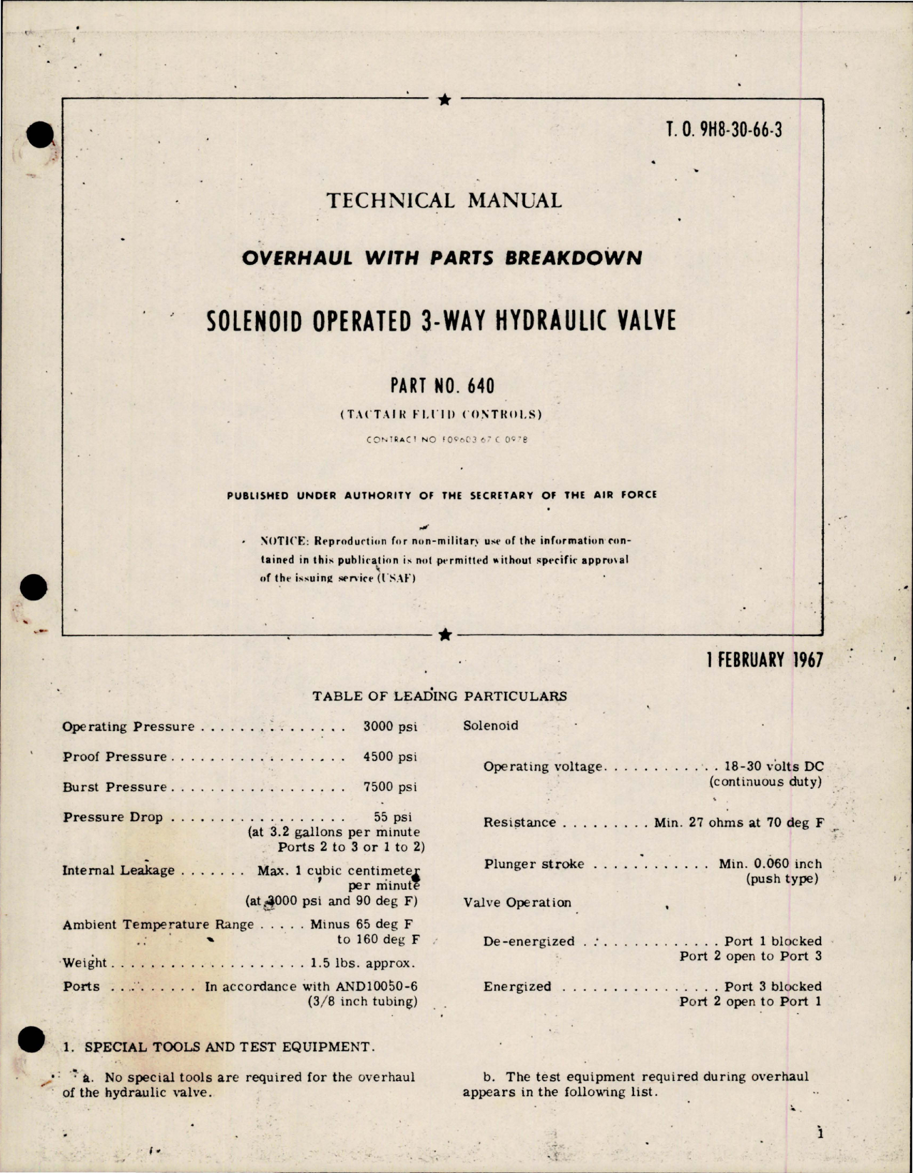 Sample page 1 from AirCorps Library document: Overhaul with Parts Breakdown for Solenoid Operated 3 Way Hydraulic Valve - Part 640 