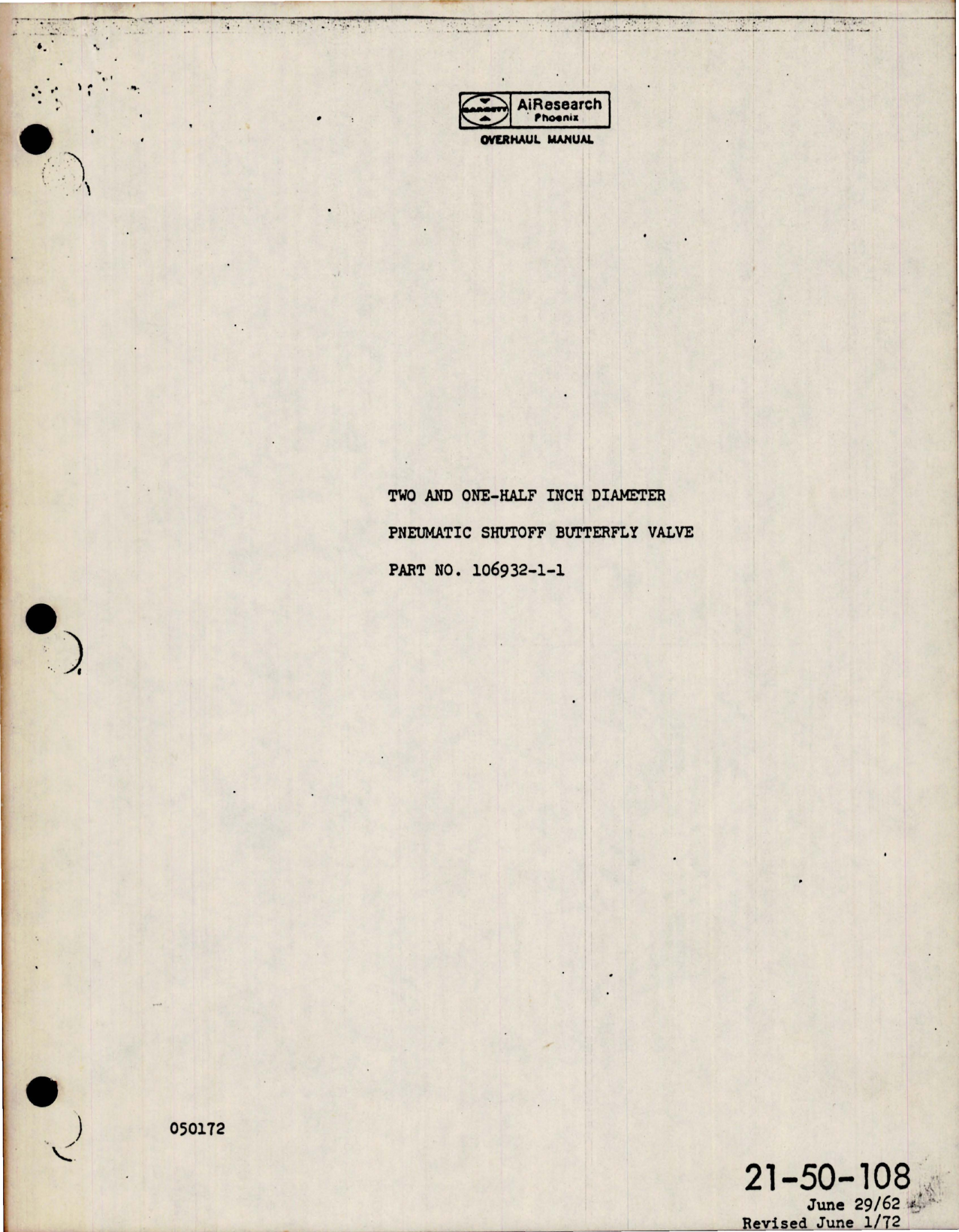 Sample page 1 from AirCorps Library document: Overhaul Manual for Pneumatic Shutoff Butterfly Valve - 2.5 inch Diameter - Part 106932-1-1 