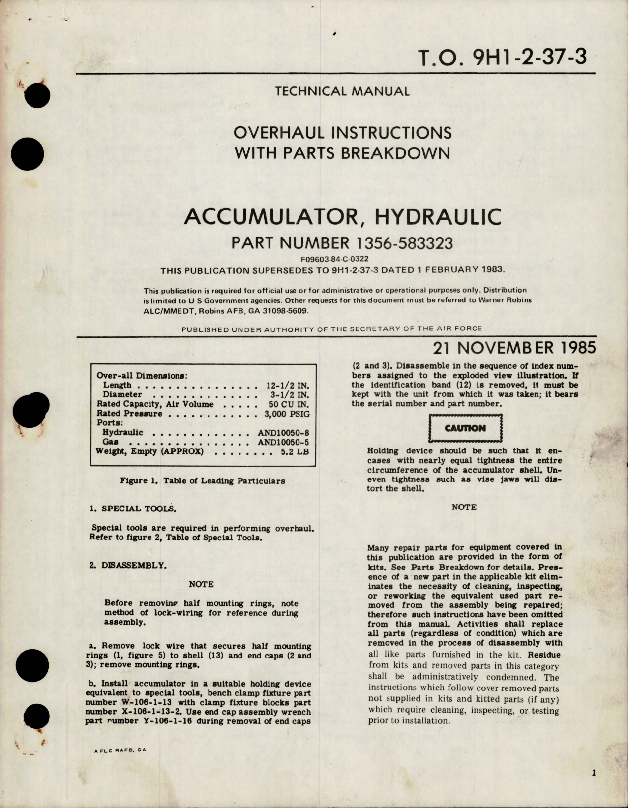 Sample page 1 from AirCorps Library document: Overhaul Instructions with Parts Breakdown for Hydraulic Accumulator - Part 1356-583323 