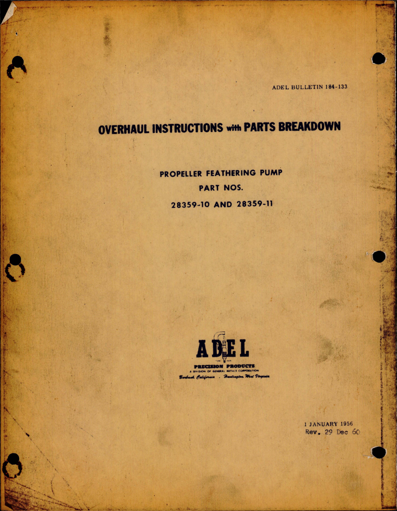 Sample page 1 from AirCorps Library document: Overhaul Instructions with Parts Breakdown for Propeller Feathering Pump - Parts 28359-10 and 28359-11 