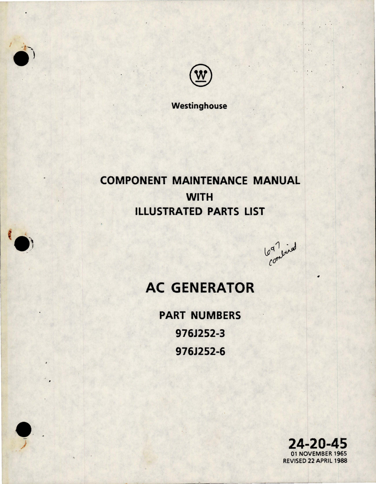 Sample page 1 from AirCorps Library document: Maintenance Manual w Parts List for AC Generator - Parts 976J252-3 and 976J252-6