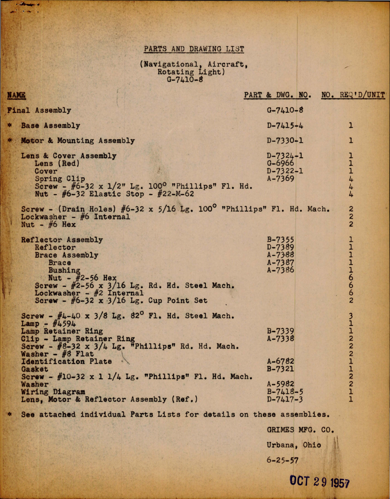 Sample page 1 from AirCorps Library document: Parts and Drawing List for Navigational Rotating Light - G7410-8 