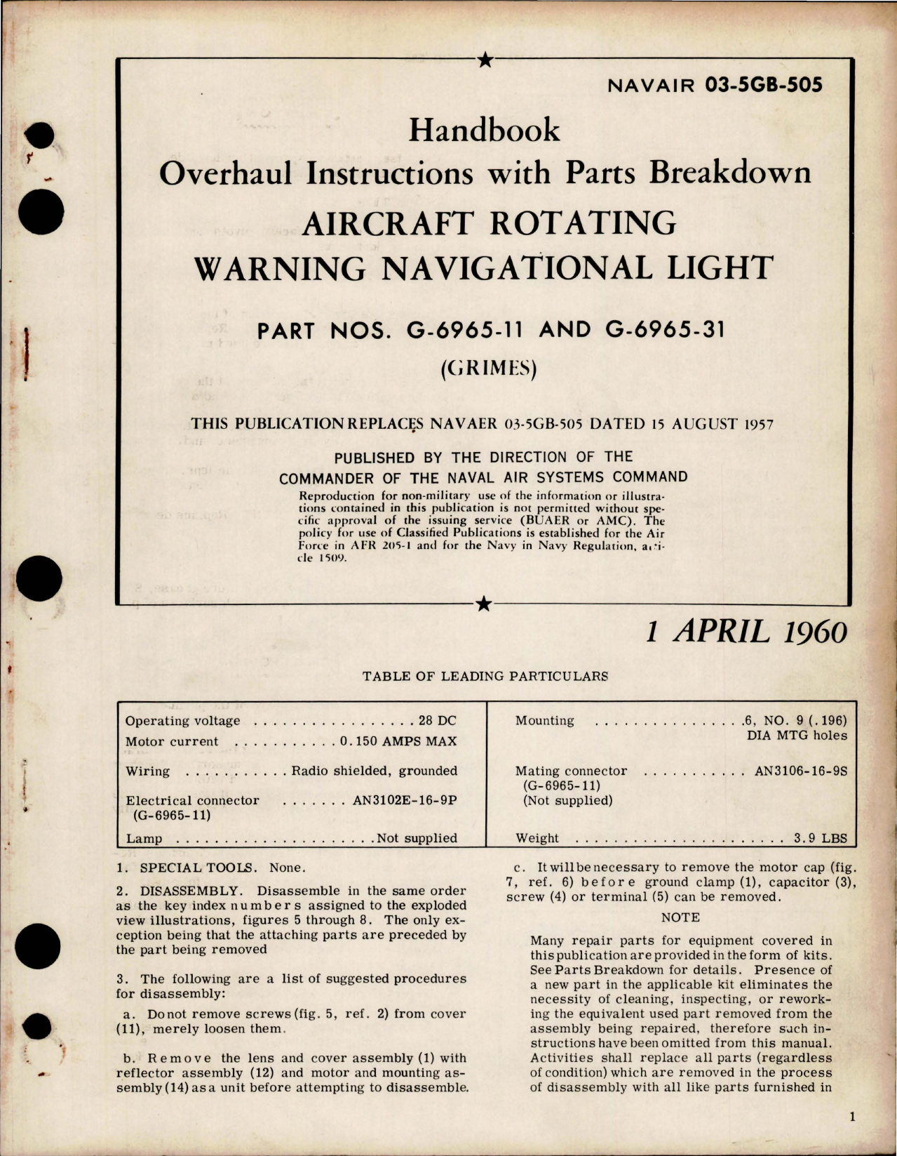 Sample page 1 from AirCorps Library document: Overhaul Instructions with Parts for Rotating Warning Navigational Light - Parts G-6965-11 and G-6965-31