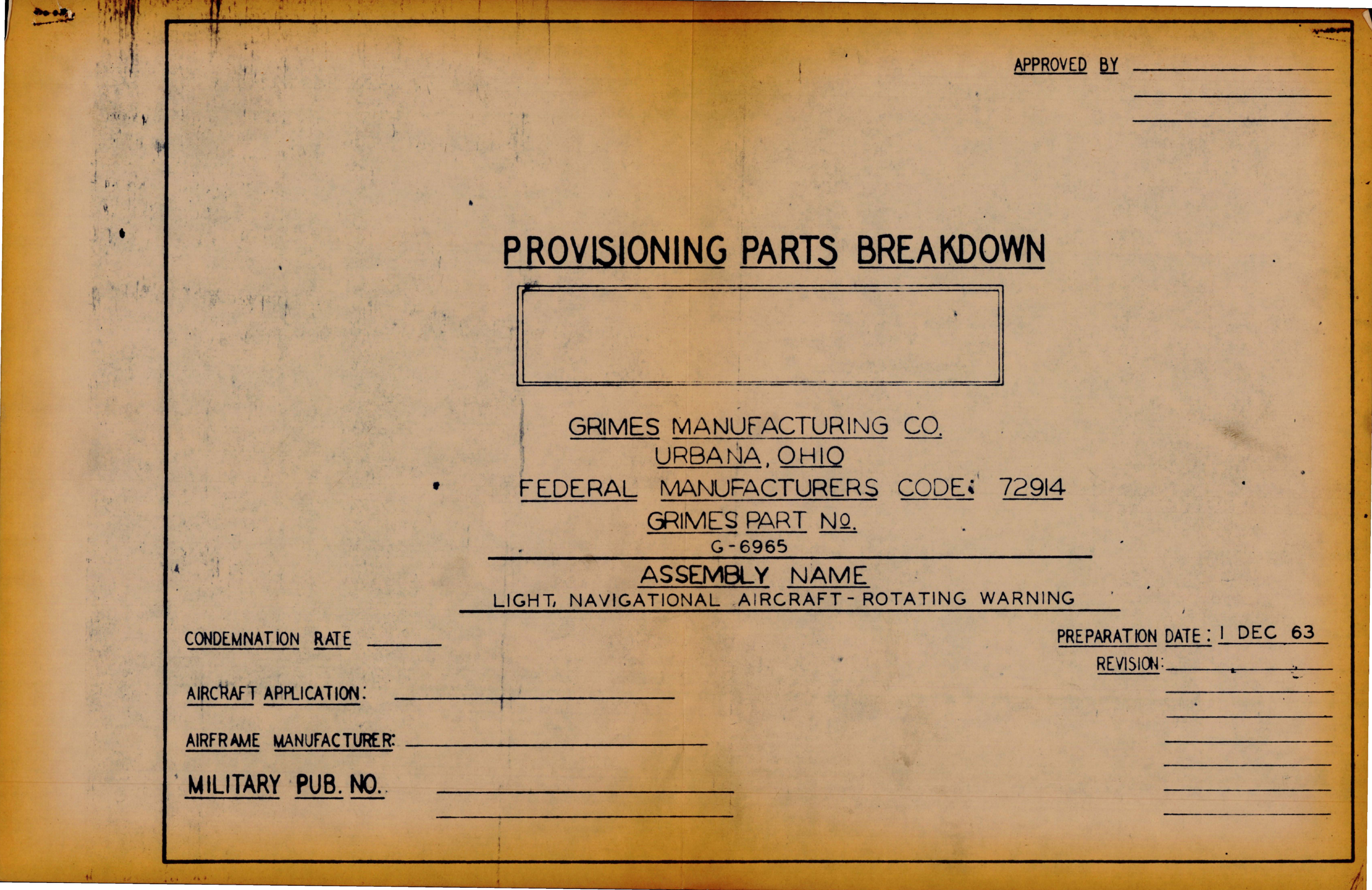 Sample page 1 from AirCorps Library document: Provisioning Parts Breakdown for Navigational Rotating Warning Light - Part G-6965