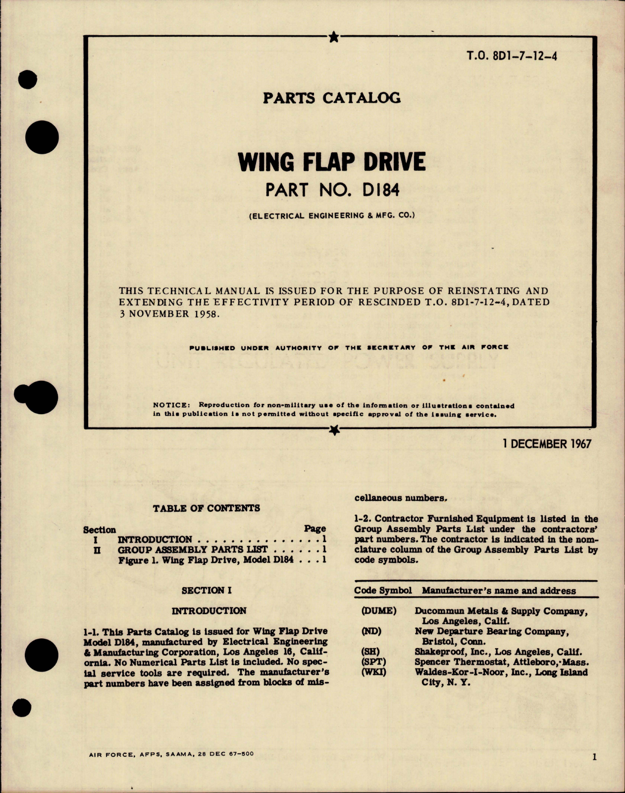 Sample page 1 from AirCorps Library document: Parts Catalog for Wing Flap Drive - Part D184 