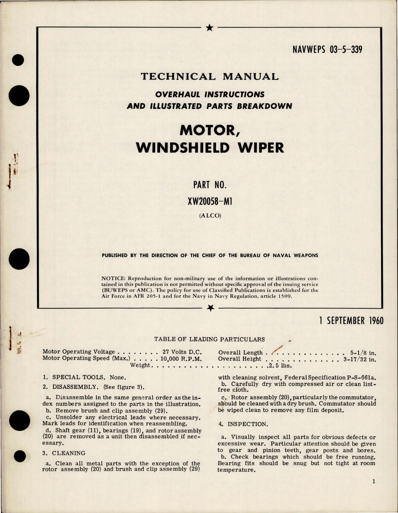 Sample page 1 from AirCorps Library document: Overhaul Instructions with Illustrated Parts Breakdown for Windshield Wiper Motor - Part XW20058-M1 