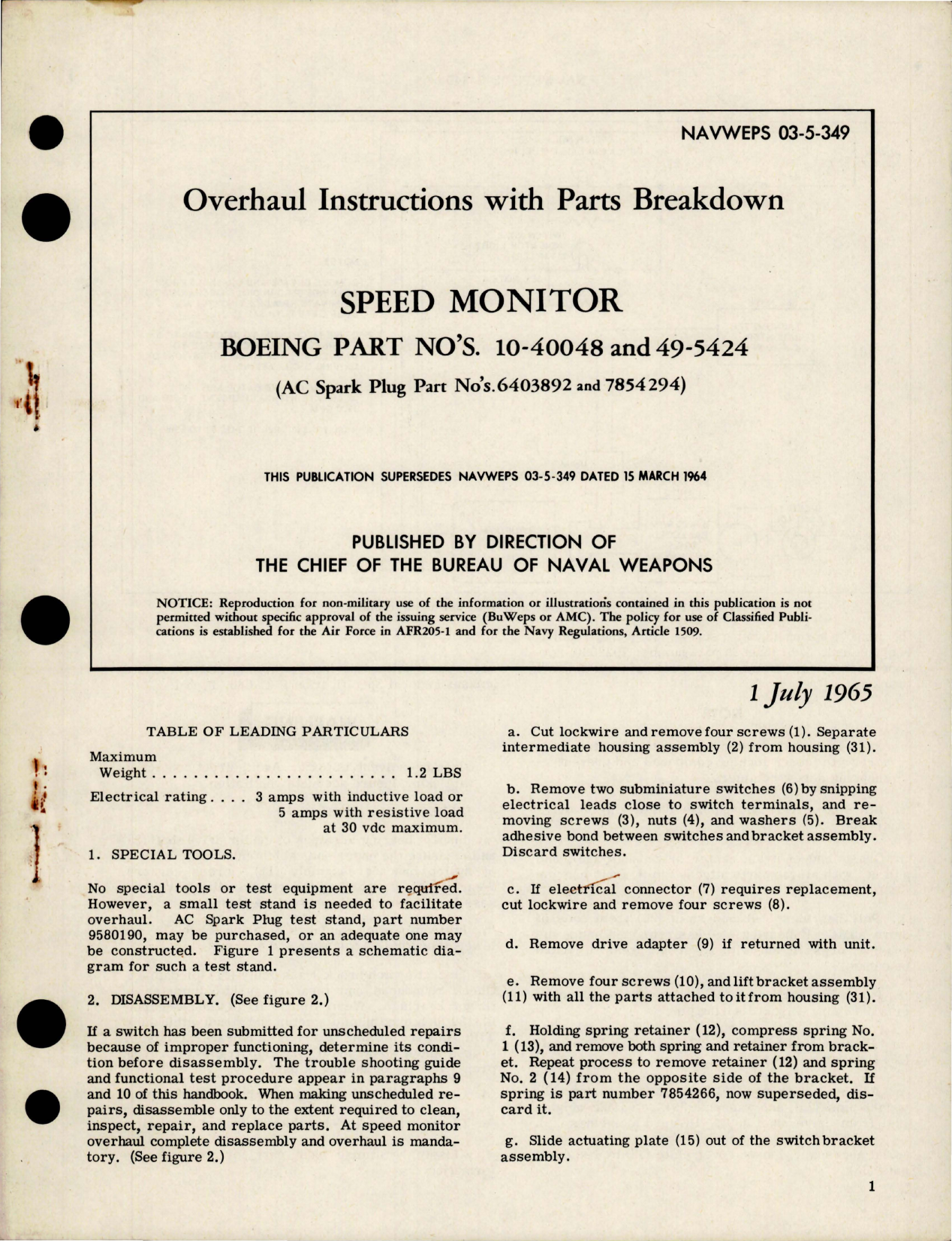 Sample page 1 from AirCorps Library document: Overhaul Instructions with Parts Breakdown for Speed Monitor - Boeing Part 10-40048 and 49-5424