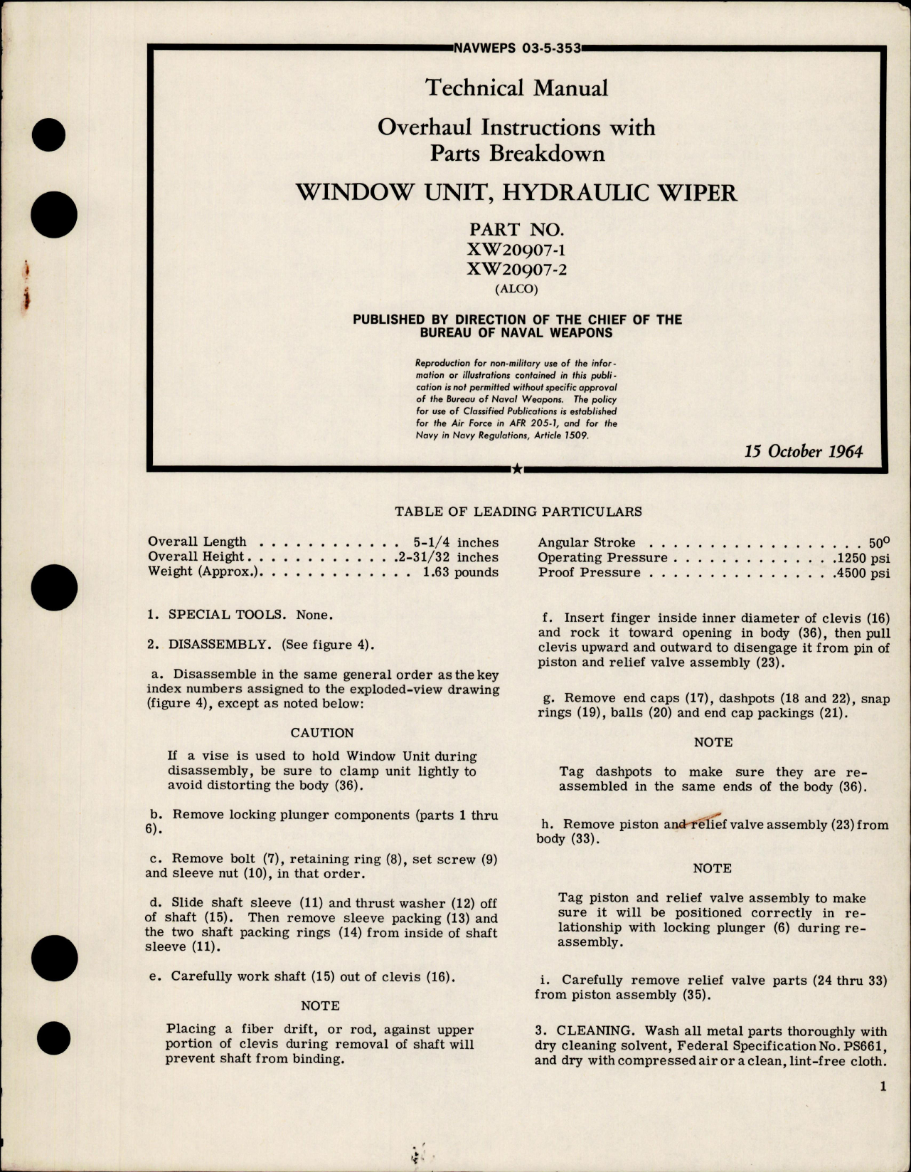 Sample page 1 from AirCorps Library document: Overhaul Instructions with Parts for Hydraulic Wiper Window Unit - Part XW20907-1 and XW20907-2 
