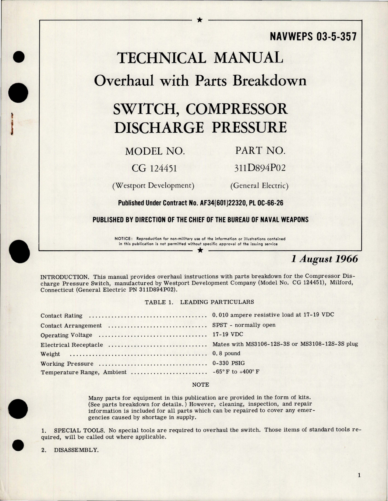 Sample page 1 from AirCorps Library document: Overhaul with Parts Breakdown for Compressor Discharge Pressure Switch - Westport Model CG 124451 - GE Part 311D894P02 