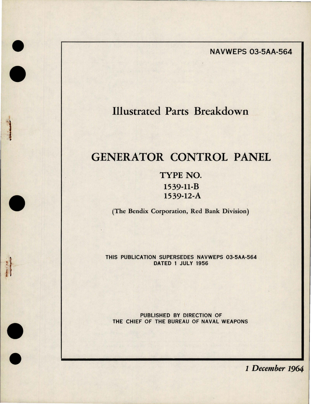 Sample page 1 from AirCorps Library document: Illustrated Parts Breakdown for Generator Control Panel - Type 1539-11-B and 1539-12-A