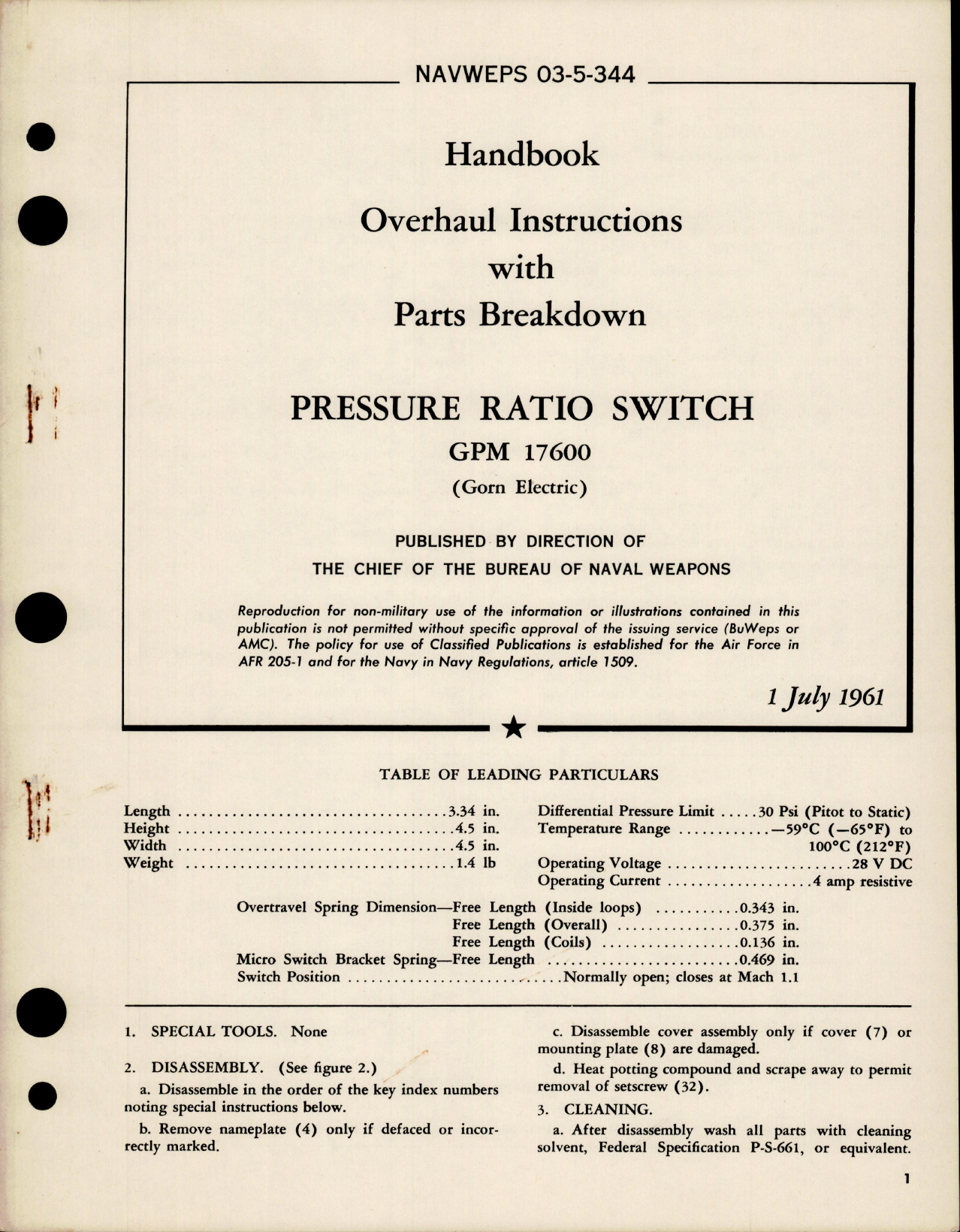 Sample page 1 from AirCorps Library document: Overhaul Instructions with Parts Breakdown for Pressure Ratio Switch - GPM 17600 