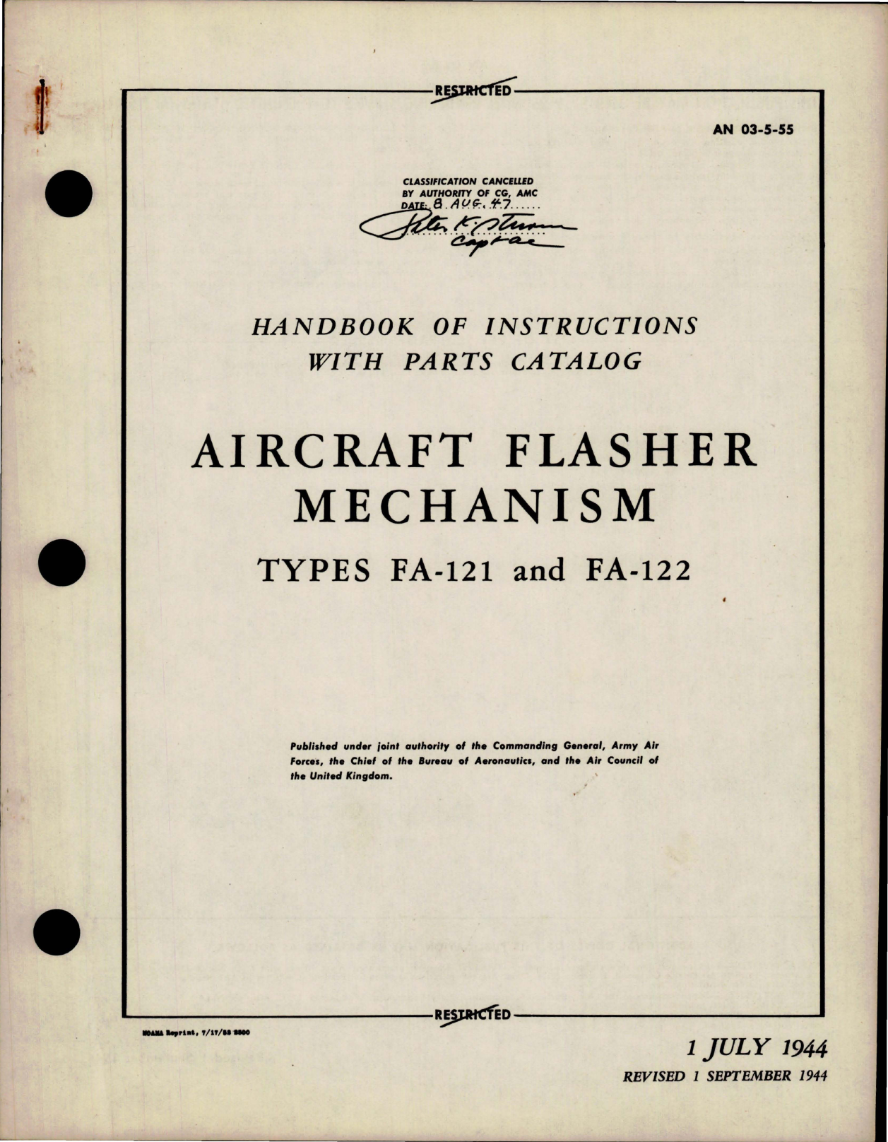 Sample page 1 from AirCorps Library document: Handbook of Instructions with Parts Catalog for Aircraft Flasher Mechanism - Types FA-121 and FA-122