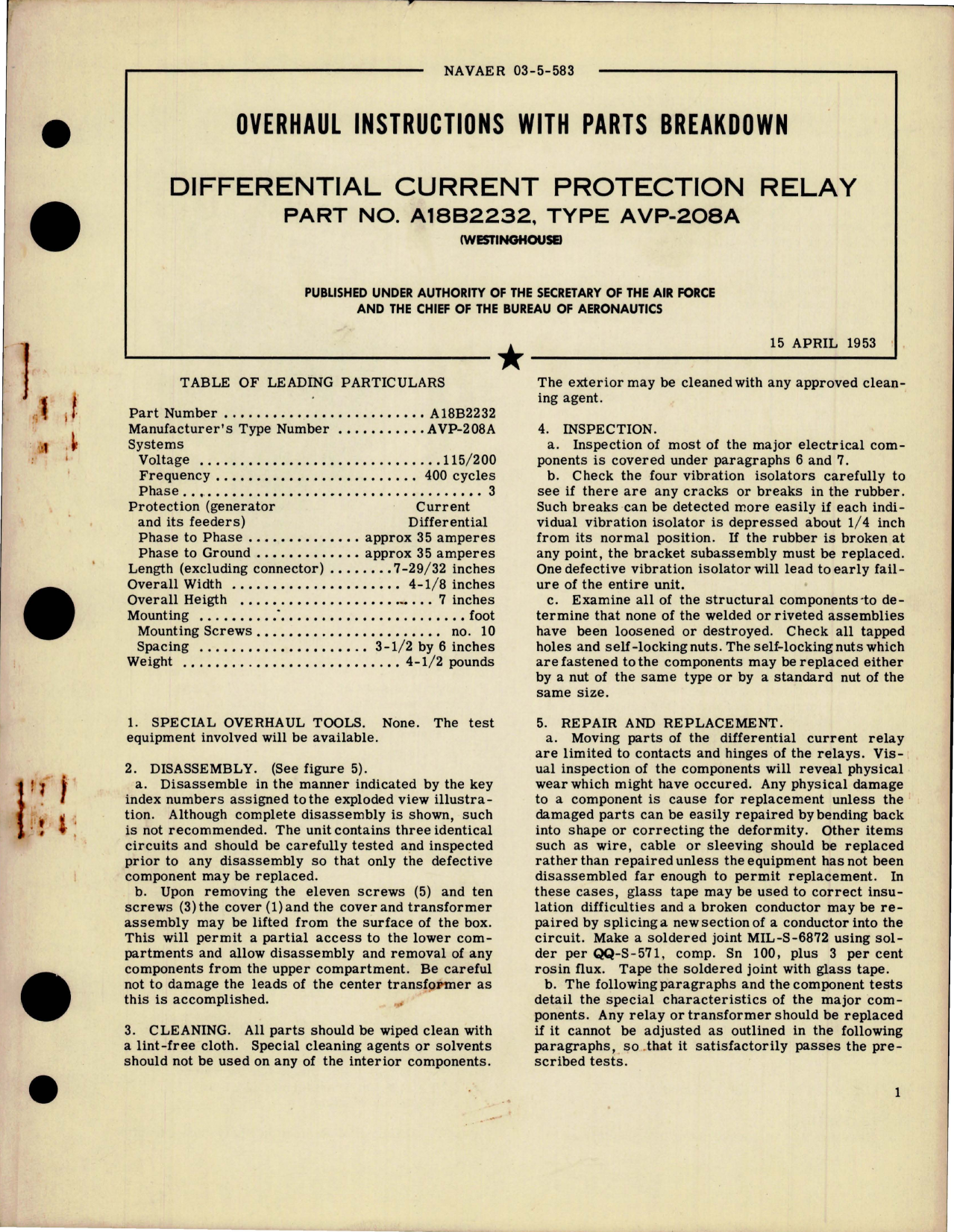 Sample page 1 from AirCorps Library document: Overhaul Instructions with Parts Breakdown for Differential Current Protection Relay - Part A18B2232 - Type AVP-208A 