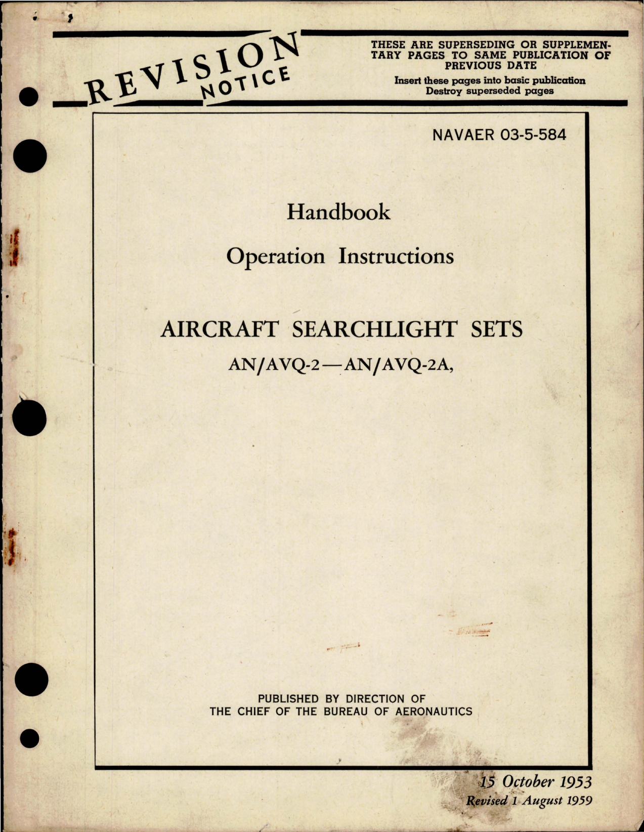 Sample page 1 from AirCorps Library document: Operation Instructions for Aircraft Searchlight Sets - AN-AVQ-2 and AN-AVQ-2A
