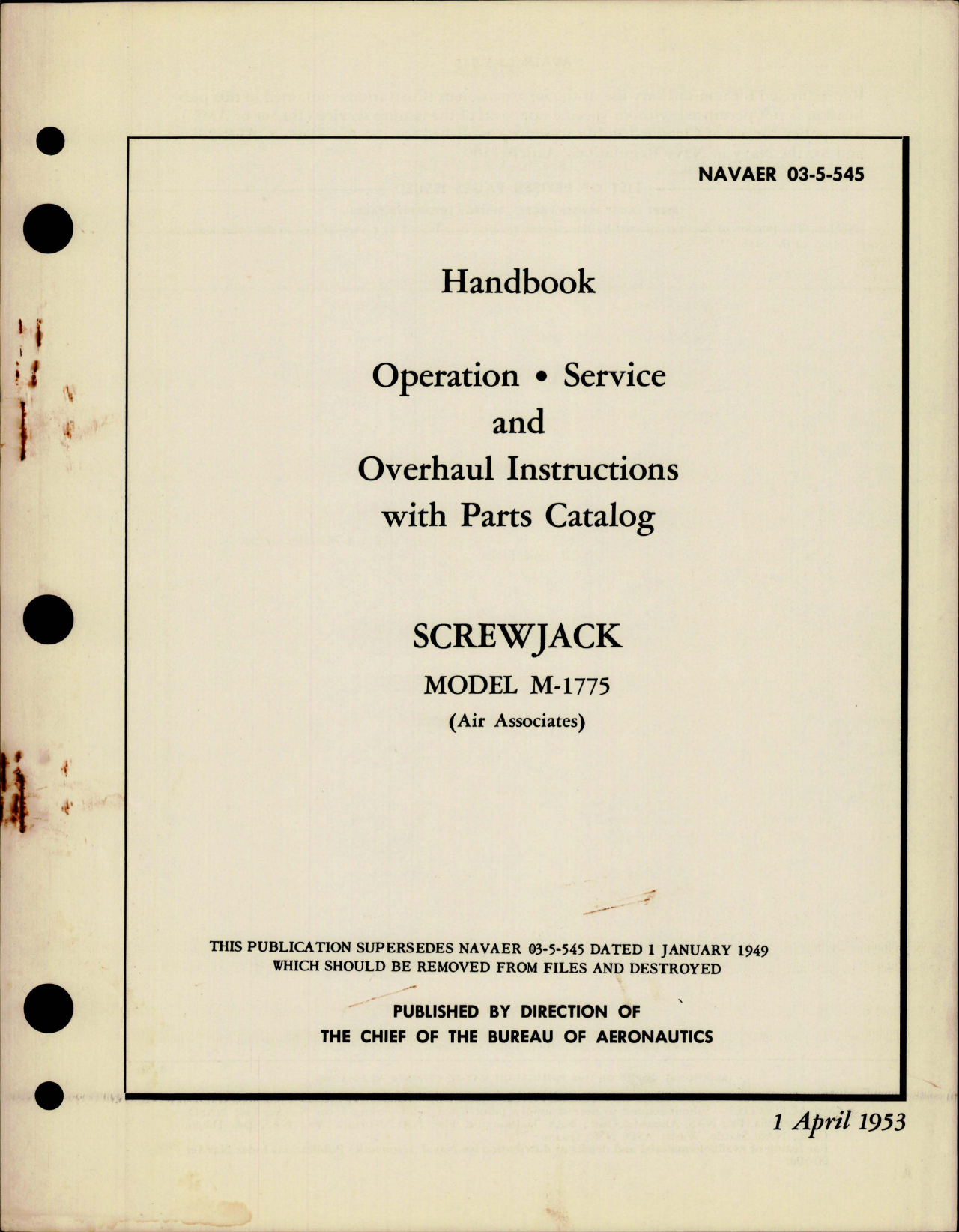 Sample page 1 from AirCorps Library document: Operation, Service and Overhaul Instructions with Parts Catalog for Screwjack - Model M-1775 