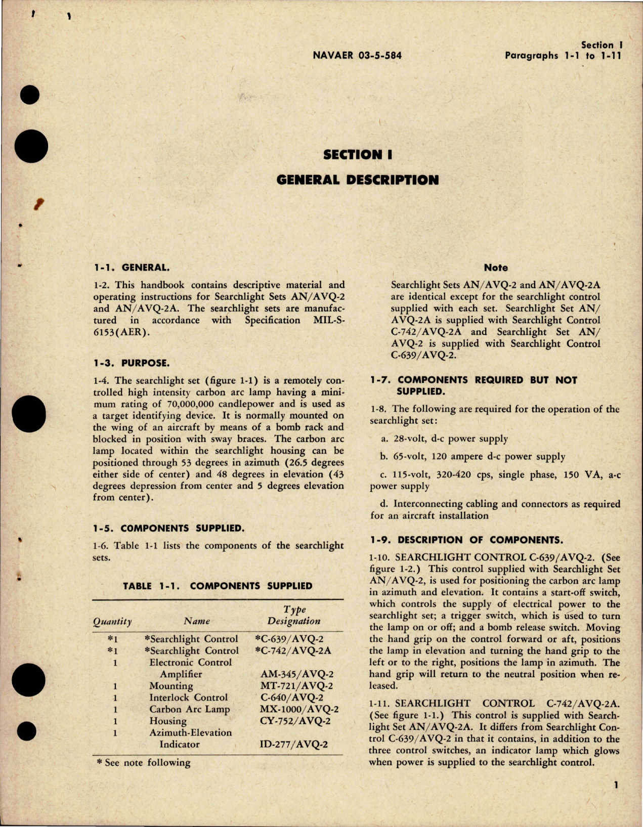 Sample page 5 from AirCorps Library document: Operation Instructions for Aircraft Searchlight Sets - AN-AVQ-2 and AN-AVQ-2A - Installations in AF-2S, P2V-5, AD-4N, AD-5N, and S2F