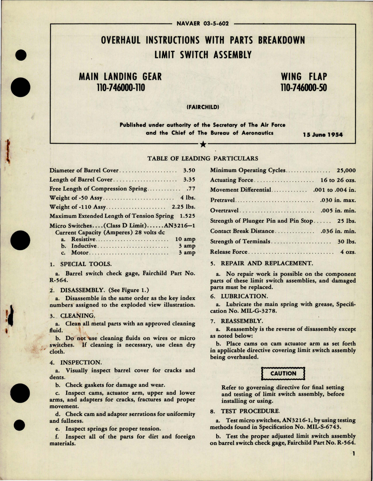 Sample page 1 from AirCorps Library document: Overhaul Instructions with Parts for Limit Switch Assembly - Main Landing Gear 110-746000-110 and Wing Flap 110-746000-50