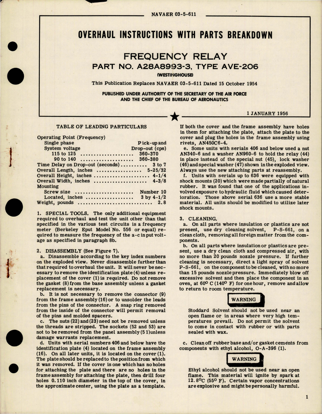Sample page 1 from AirCorps Library document: Overhaul Instructions with Parts Breakdown for Frequency Relay - Parts A28A8993-3 - Type AVE-206