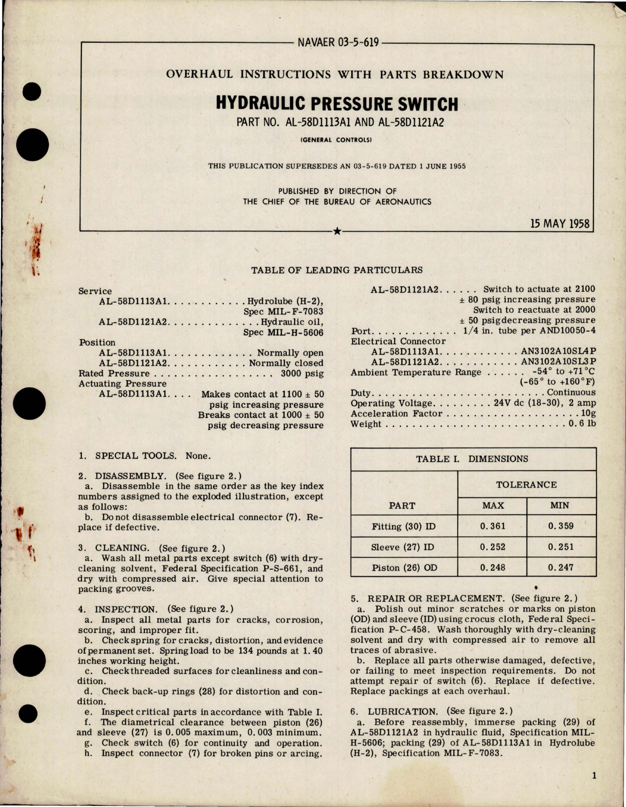 Sample page 1 from AirCorps Library document: Overhaul Instructions with Parts Breakdown for Hydraulic Pressure Switch - Part AL-58D1113A1 and AL-58D1121A2