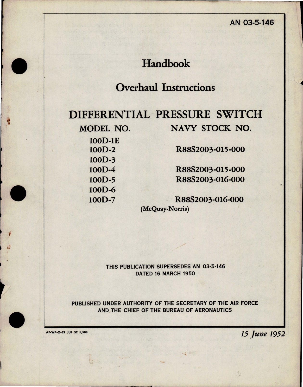 Sample page 1 from AirCorps Library document: Overhaul Instructions for Differential Pressure Switch - Model 100D Series 