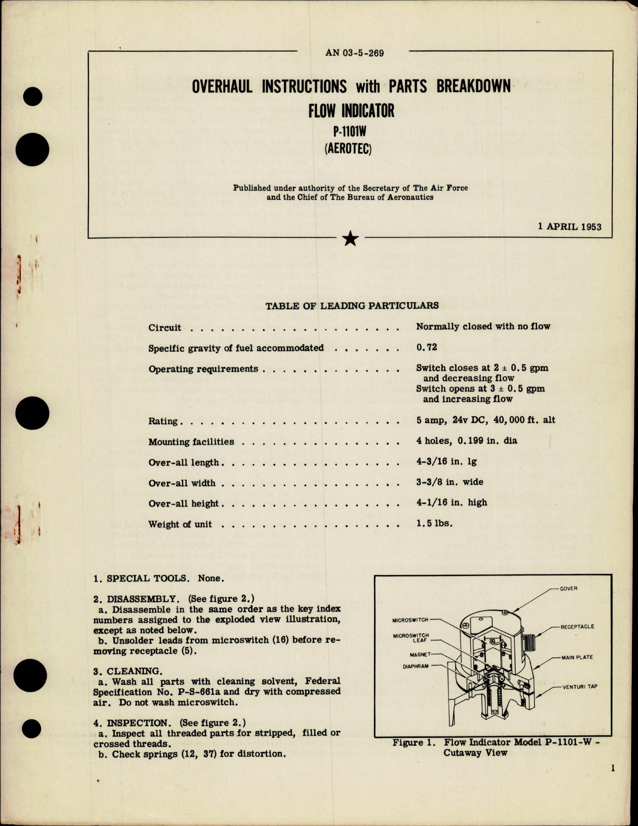 Sample page 1 from AirCorps Library document: Overhaul Instructions with Parts for Flow Indicator - P1101W 