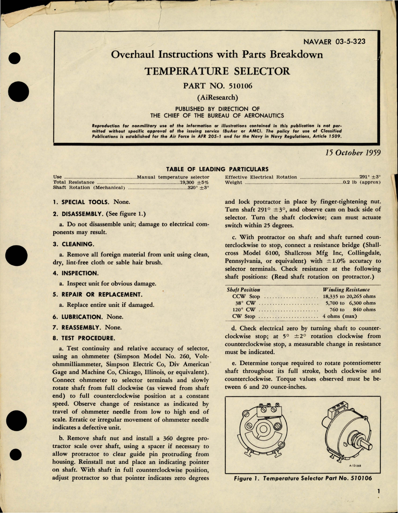 Sample page 1 from AirCorps Library document: Overhaul Instructions with Parts for Temperature Selector - Part 510106 