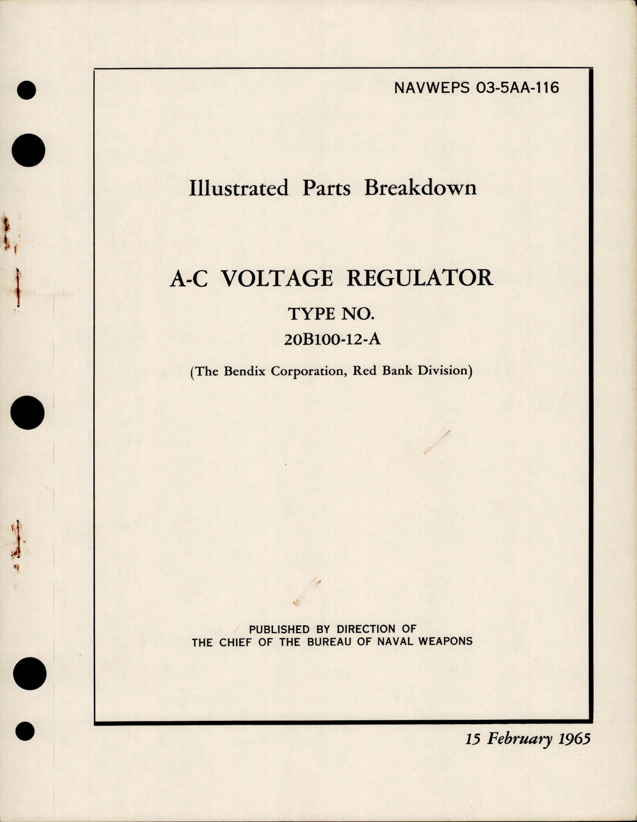 Sample page 1 from AirCorps Library document: Illustrated Parts Breakdown for AC Voltage Regulator - Type 20B100-12-A 