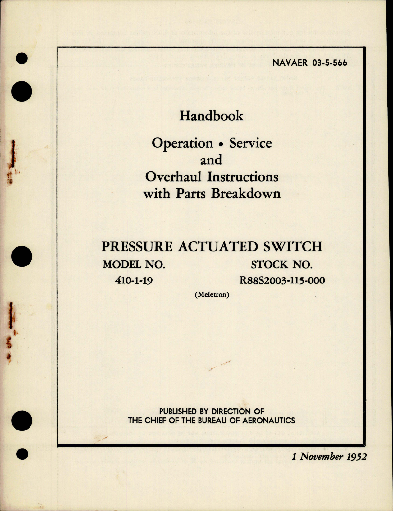 Sample page 1 from AirCorps Library document: Operation, Service and Overhaul Instructions with Parts for Pressure Actuated Switch - Model 410-1-19 