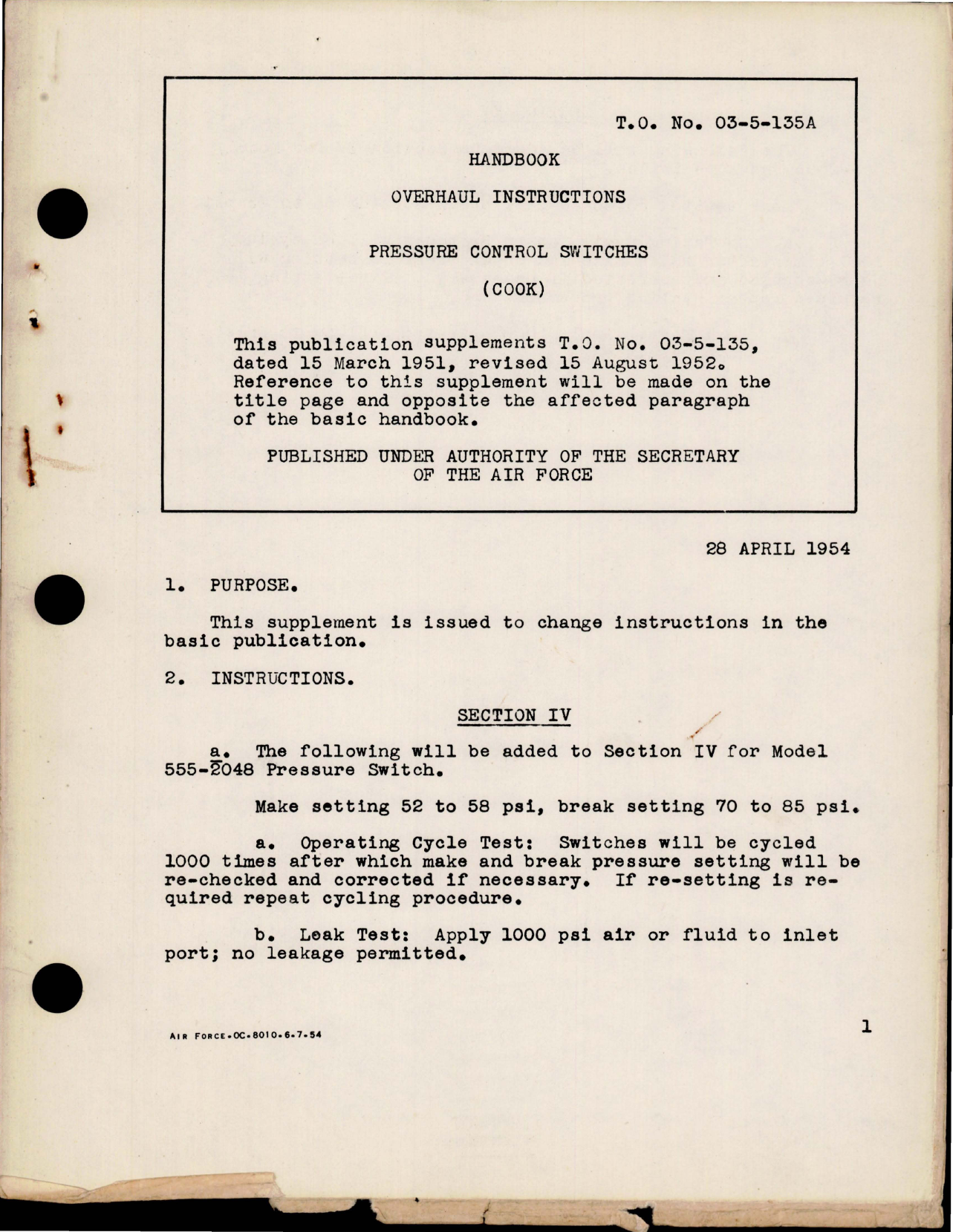 Sample page 1 from AirCorps Library document: Overhaul Instructions for Pressure Control Switches 