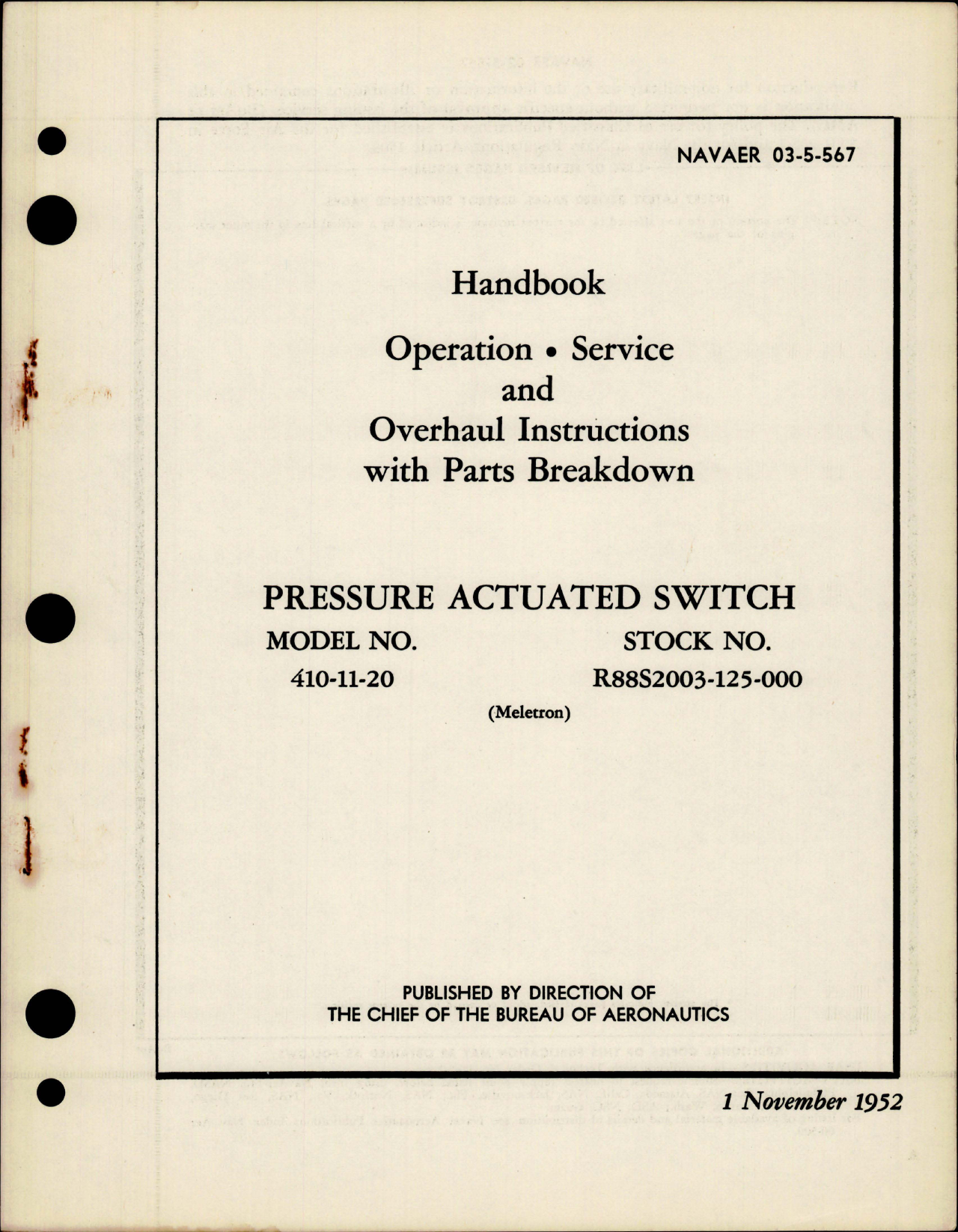 Sample page 1 from AirCorps Library document: Operation, Service, Overhaul, and Parts for Pressure Actuated Switch - Model 410-11-20 