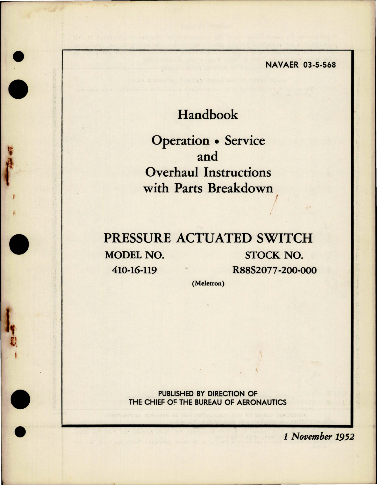 Sample page 1 from AirCorps Library document: Operation, Service, Overhaul, and Parts for Pressure Actuated Switch - Model 410-16-119 