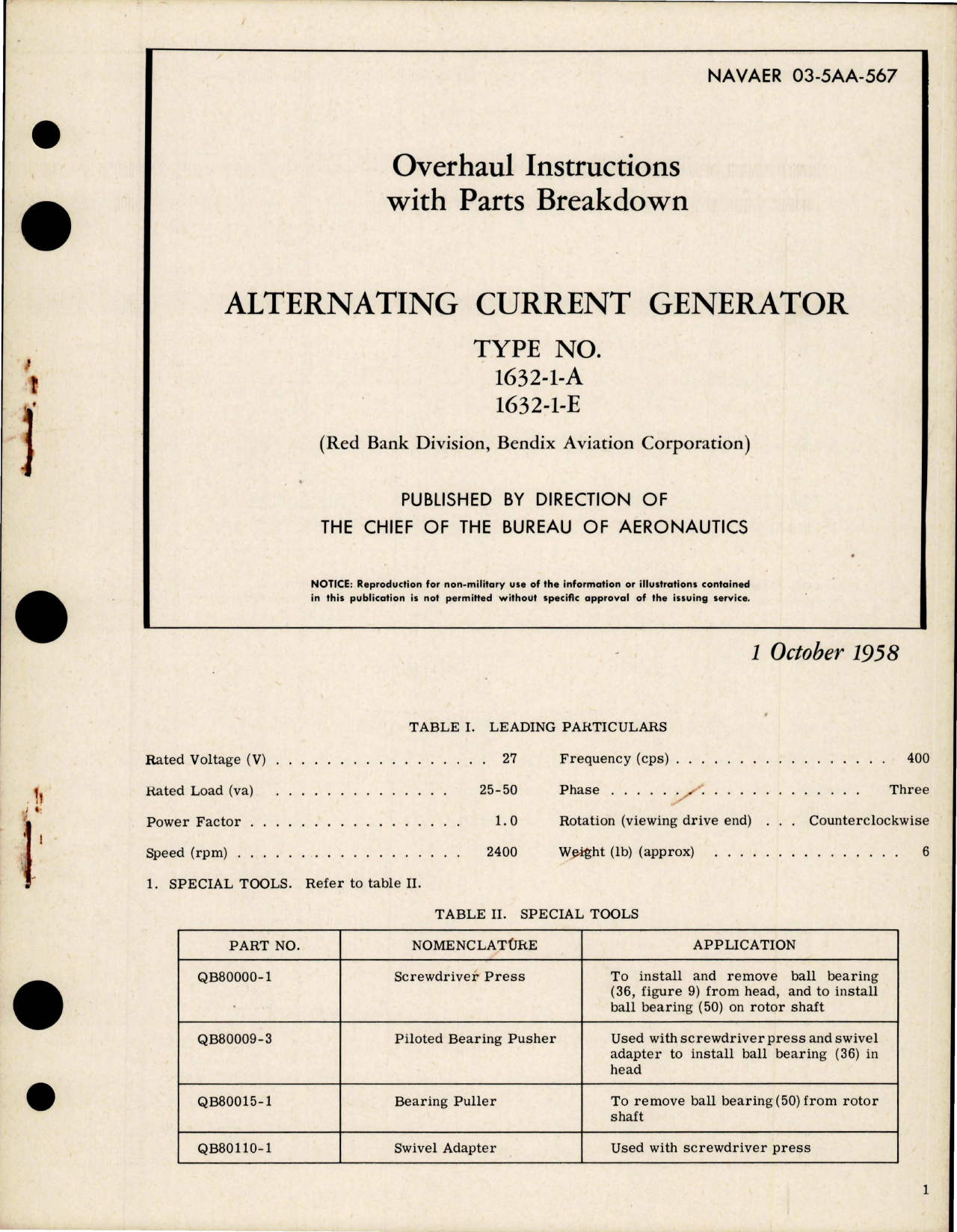 Sample page 1 from AirCorps Library document: Overhaul Instructions with Parts Breakdown for Alternating Current Generator - Types 1632-1-A and 1632-1-E