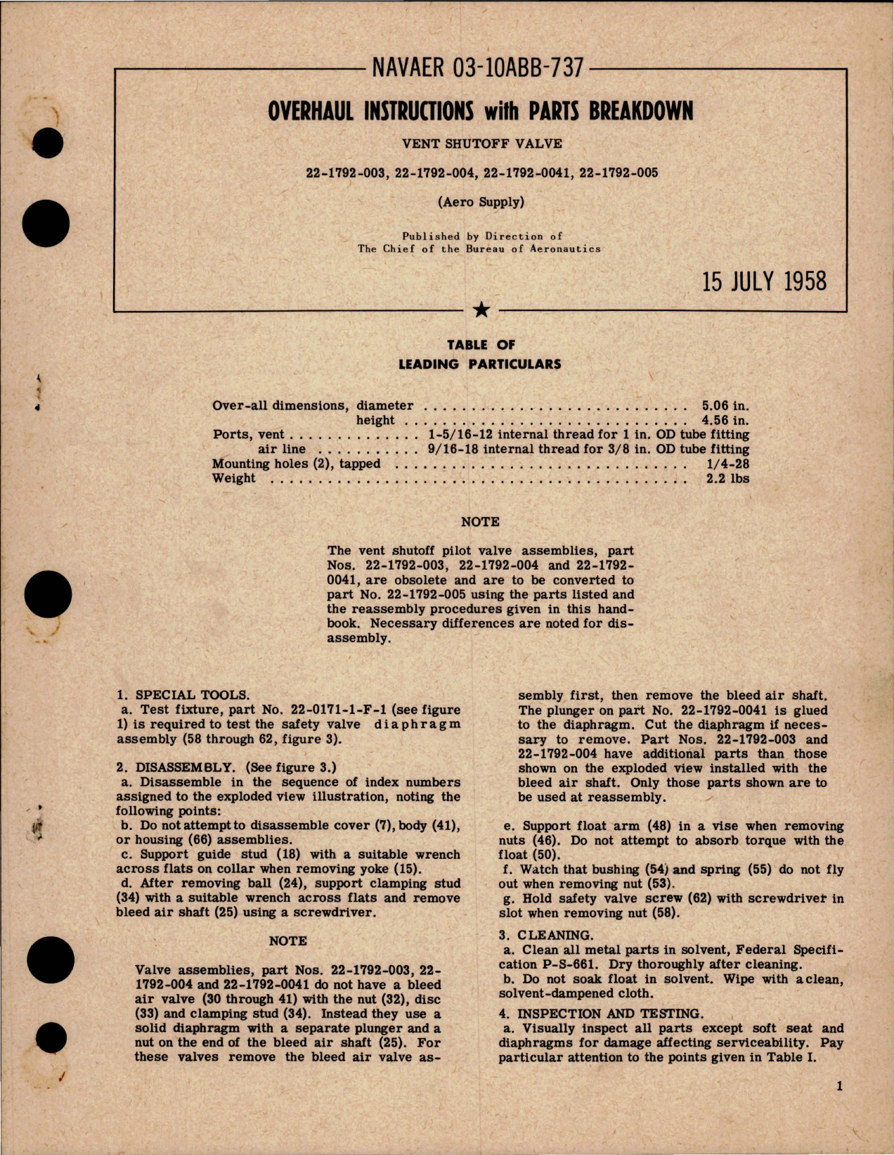 Sample page 1 from AirCorps Library document: Overhaul Instructions with Parts for Vent Shutoff Valve - 22-1792-003, 22-1792-004, 22-1792-0041 and 22-1792-005