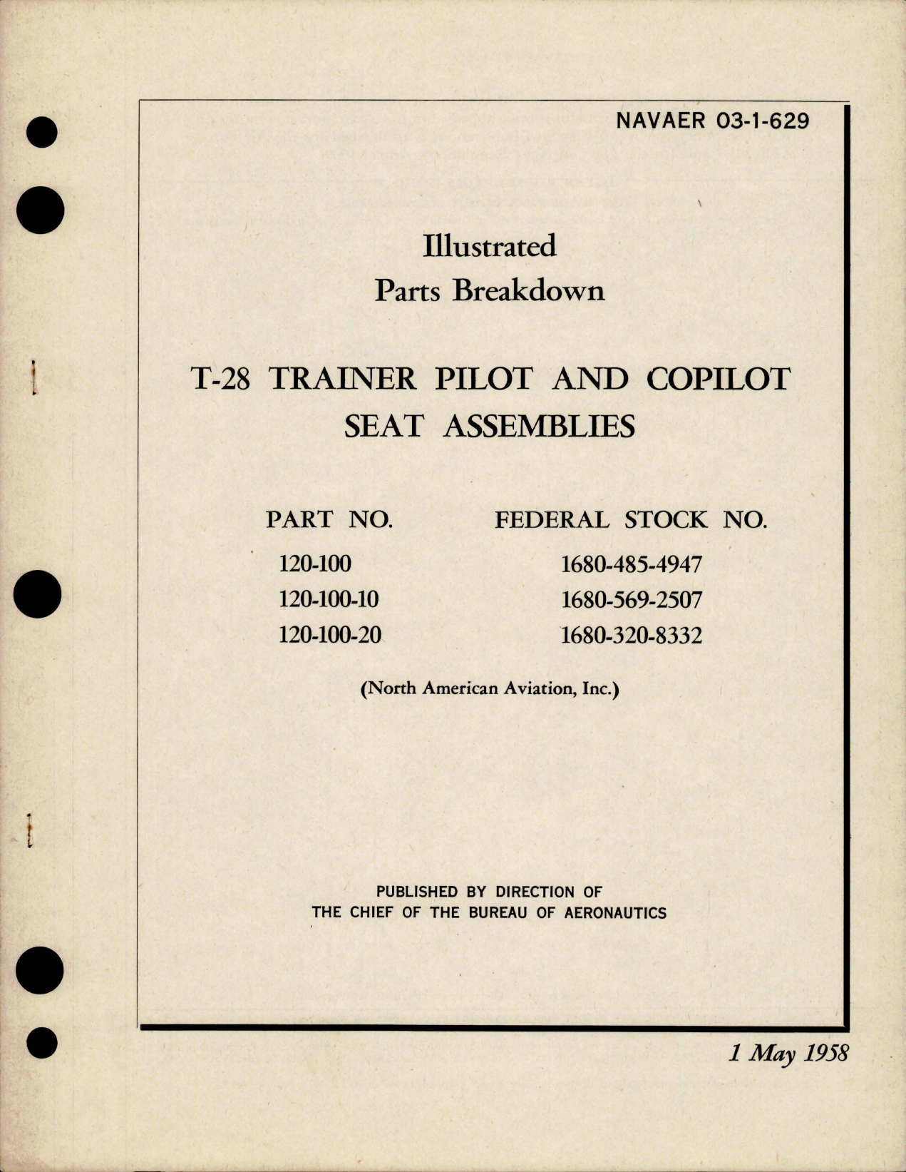 Sample page 1 from AirCorps Library document: Parts Breakdown for T-28 Trainer Pilot and Copilot Seat Assemblies