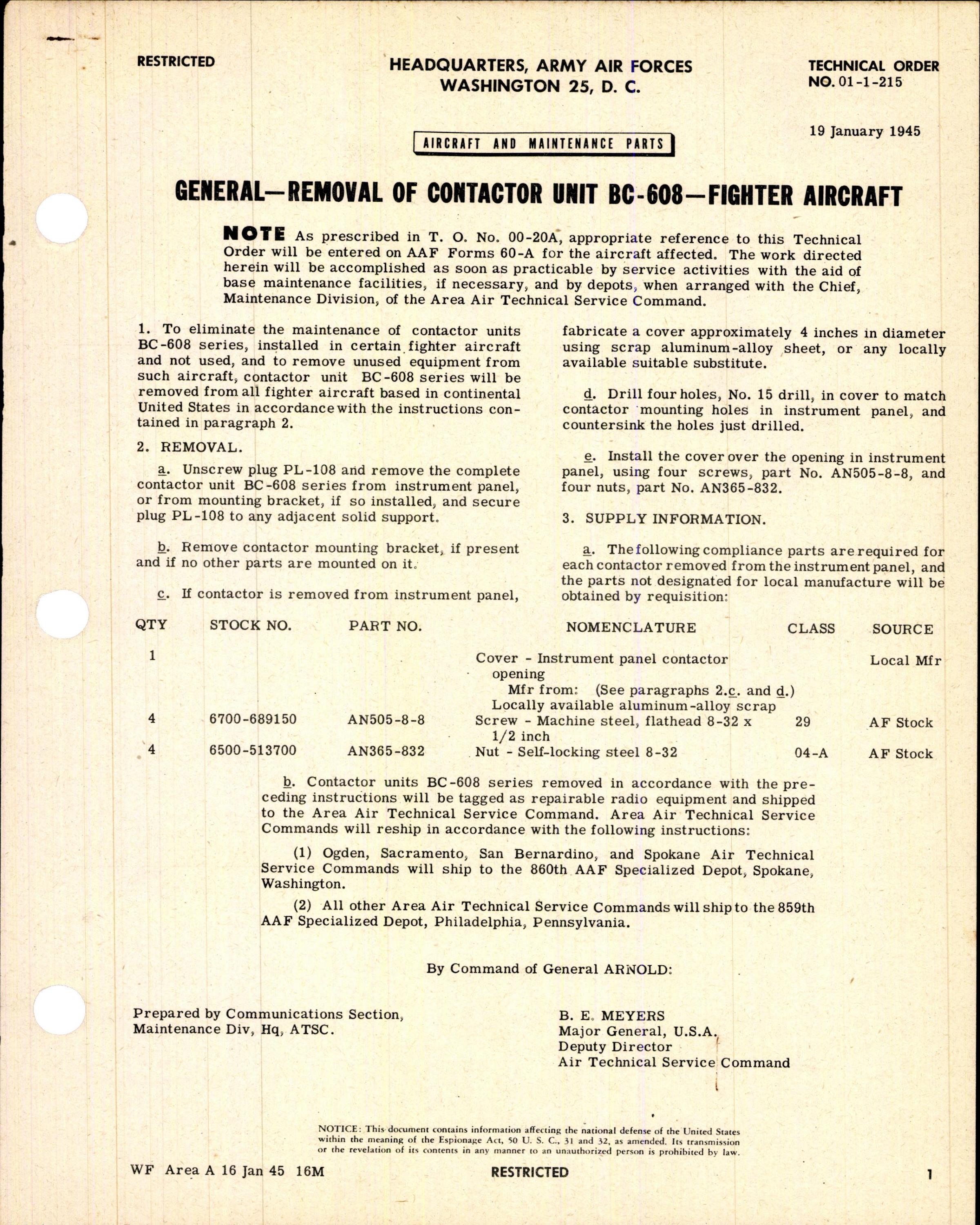 Sample page 1 from AirCorps Library document: Removal of Contactor Unit BC-608 for All Fighter Aircraft Based in Continental US
