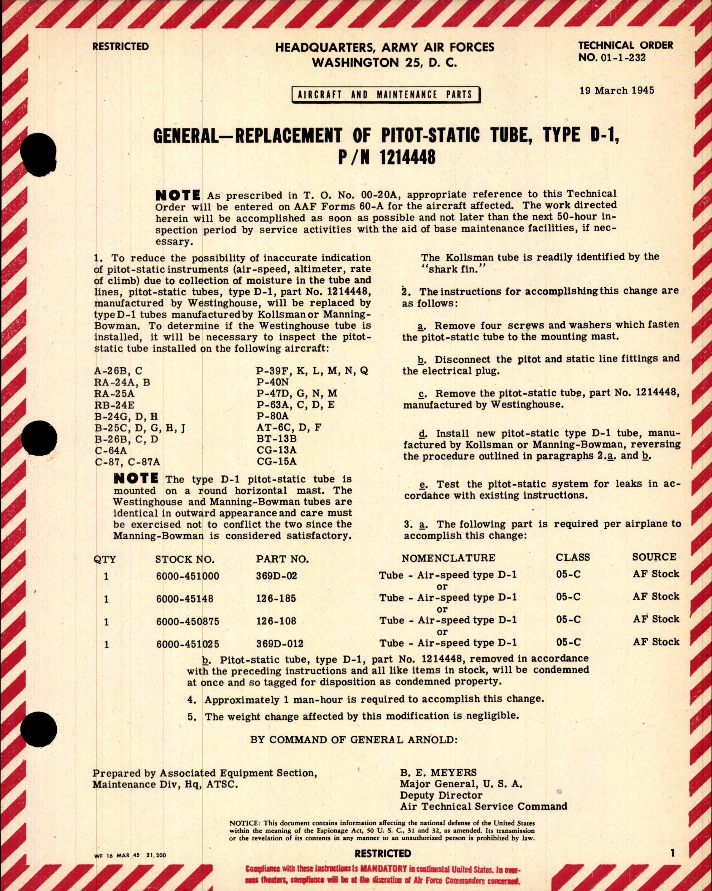 Sample page 1 from AirCorps Library document: Replacement of Pitot-Static Tube, Type D-1 Part Number 121448